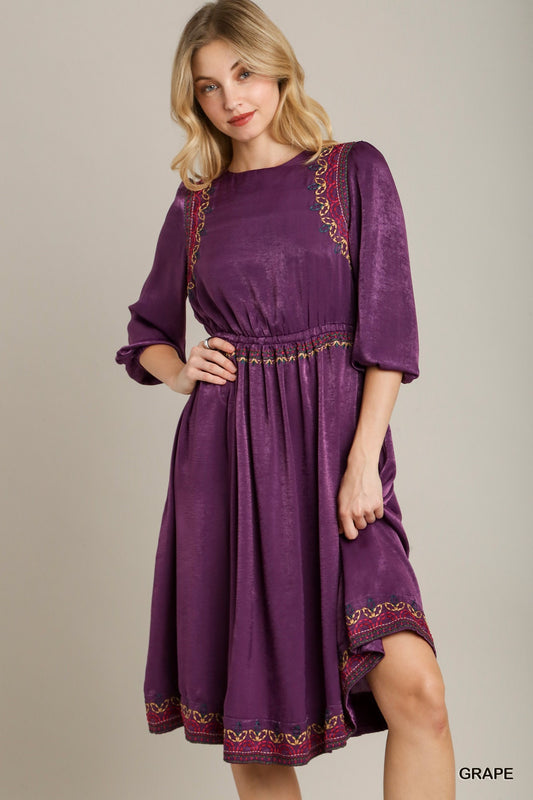 Satin Round Neck Embroidery Midi Dress - Exotic Bear Boutique