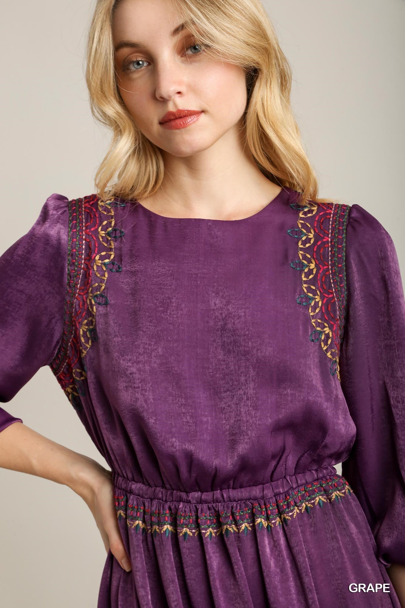 Satin Round Neck Embroidery Midi Dress - Exotic Bear Boutique