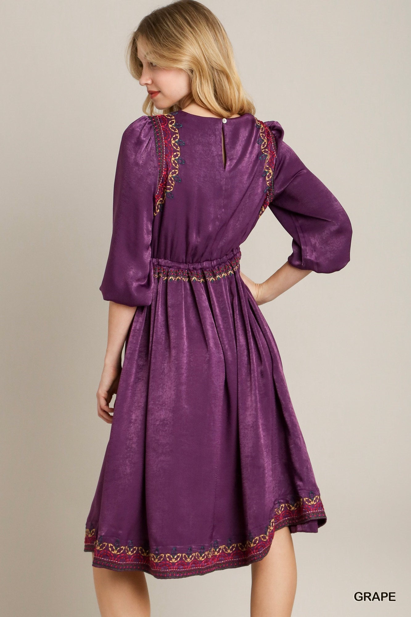 Satin Round Neck Embroidery Midi Dress - Exotic Bear Boutique