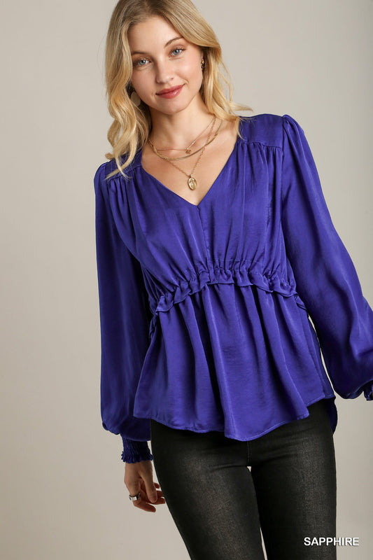 Satin V-neck Ruffle Baby Doll Top With Cuffed Long Sleeve - Exotic Bear Boutique
