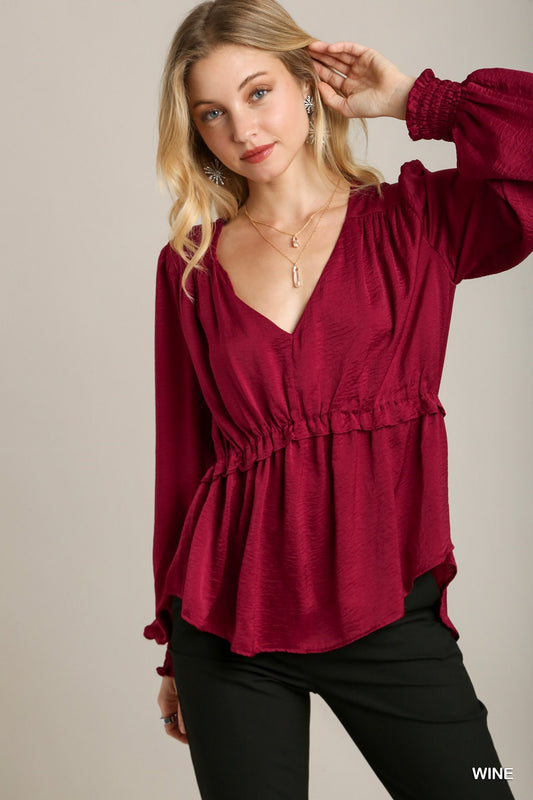 Satin V-neck Ruffle Baby Doll Top With Cuffed Long Sleeve - Exotic Bear Boutique