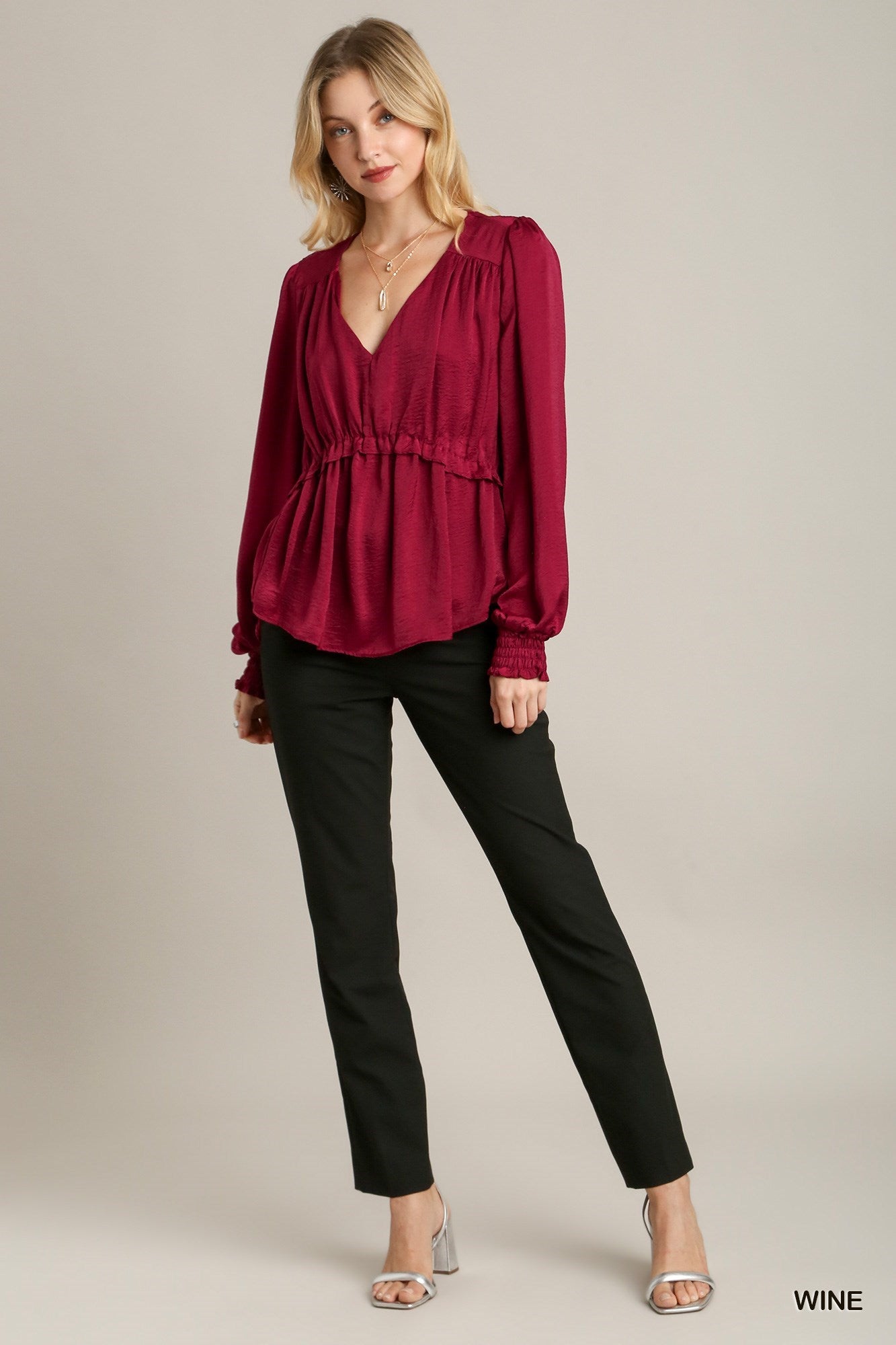 Satin V-neck Ruffle Baby Doll Top With Cuffed Long Sleeve - Exotic Bear Boutique