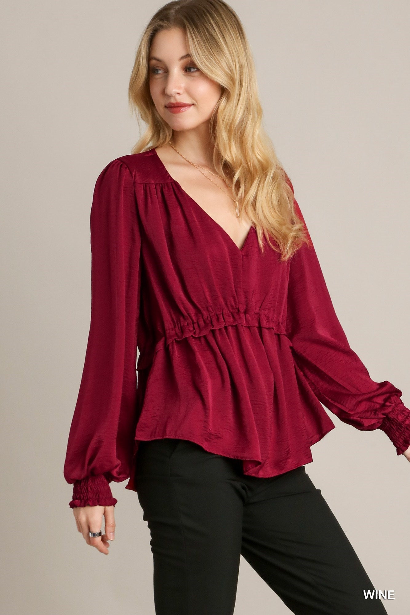 Satin V-neck Ruffle Baby Doll Top With Cuffed Long Sleeve - Exotic Bear Boutique