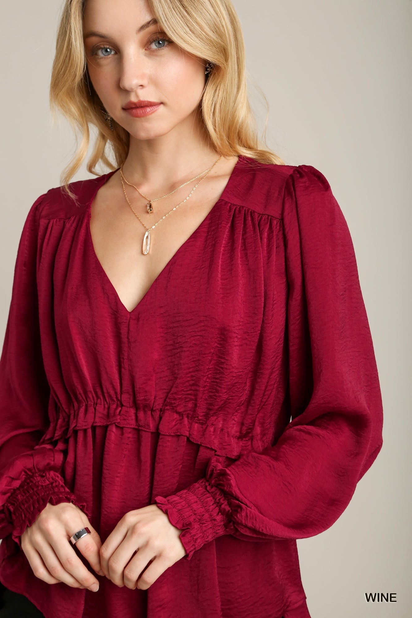 Satin V-neck Ruffle Baby Doll Top With Cuffed Long Sleeve - Exotic Bear Boutique