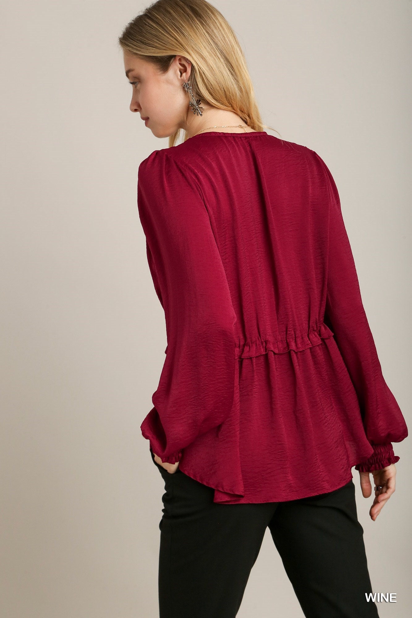Satin V-neck Ruffle Baby Doll Top With Cuffed Long Sleeve - Exotic Bear Boutique