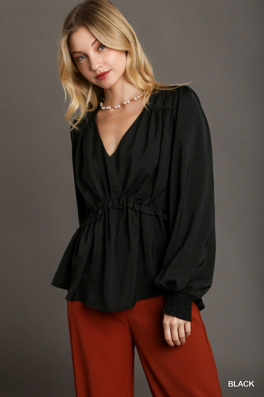 Satin V-neck Ruffle Baby Doll Top With Cuffed Long Sleeve - Exotic Bear Boutique