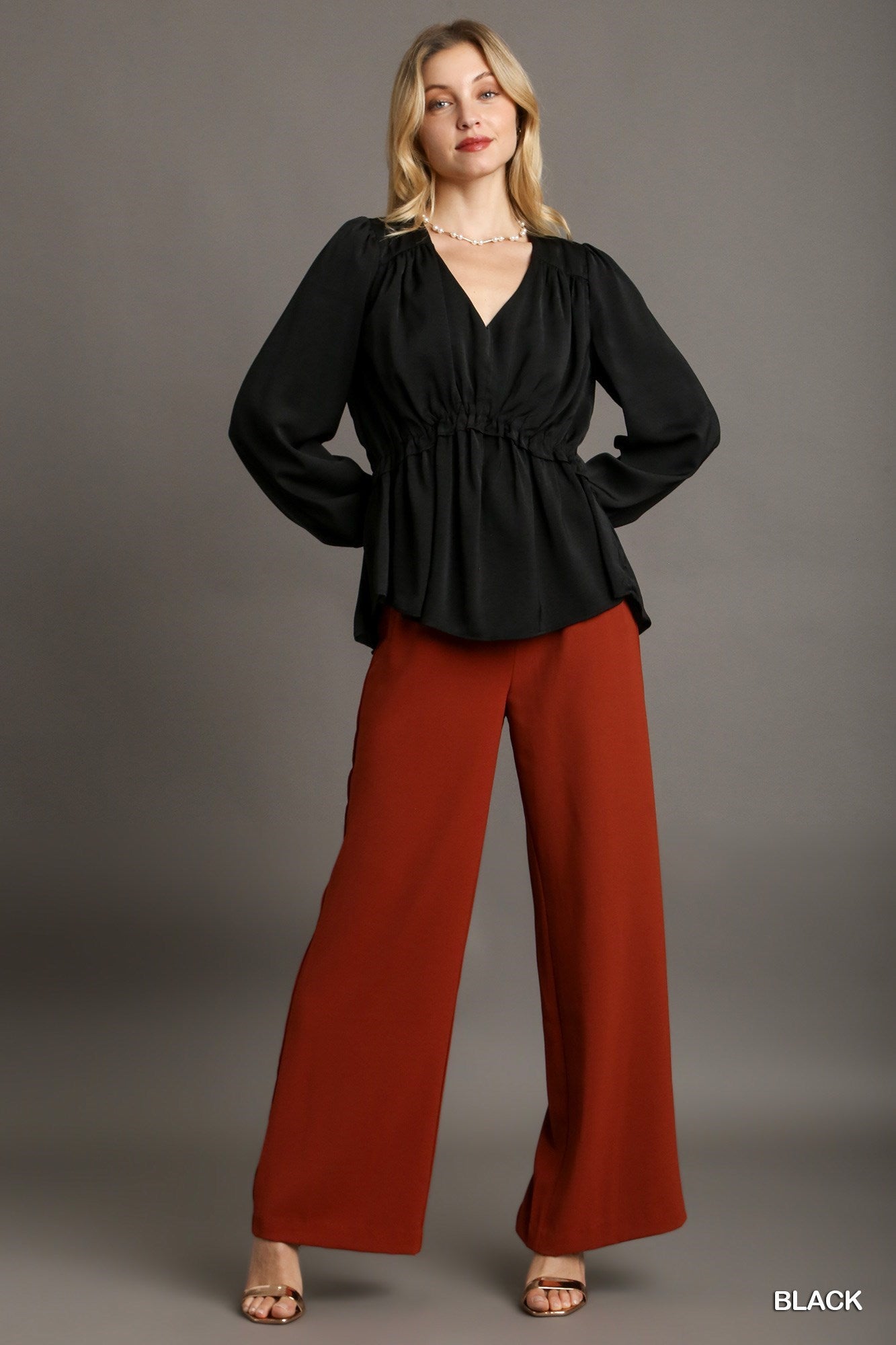 Satin V-neck Ruffle Baby Doll Top With Cuffed Long Sleeve - Exotic Bear Boutique