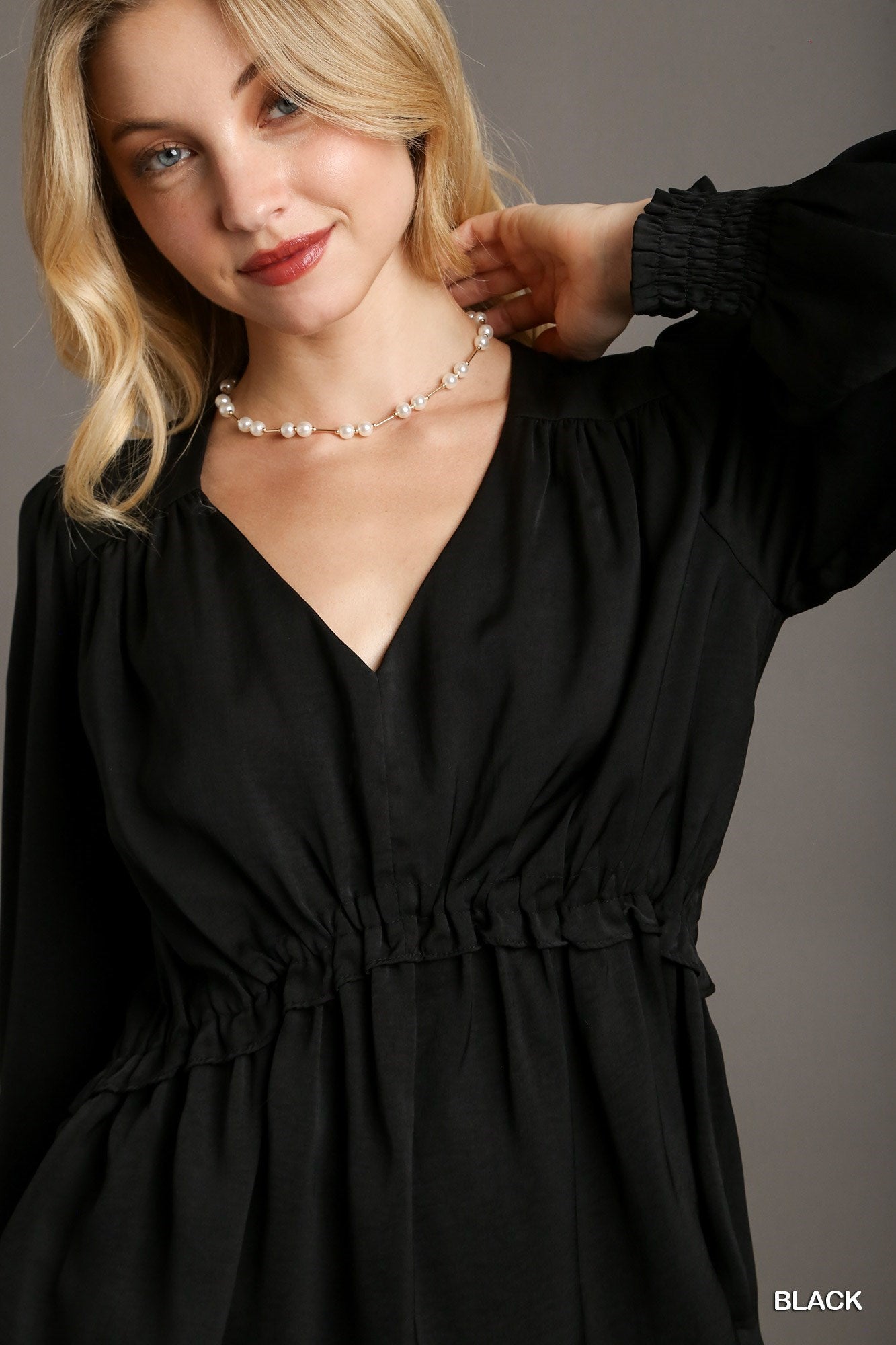 Satin V-neck Ruffle Baby Doll Top With Cuffed Long Sleeve - Exotic Bear Boutique