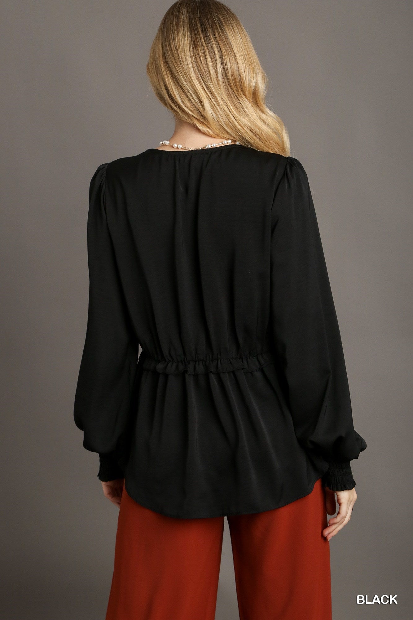Satin V-neck Ruffle Baby Doll Top With Cuffed Long Sleeve - Exotic Bear Boutique