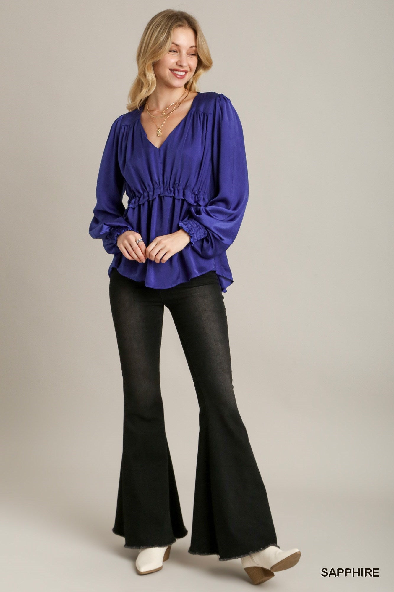 Satin V-neck Ruffle Baby Doll Top With Cuffed Long Sleeve - Exotic Bear Boutique