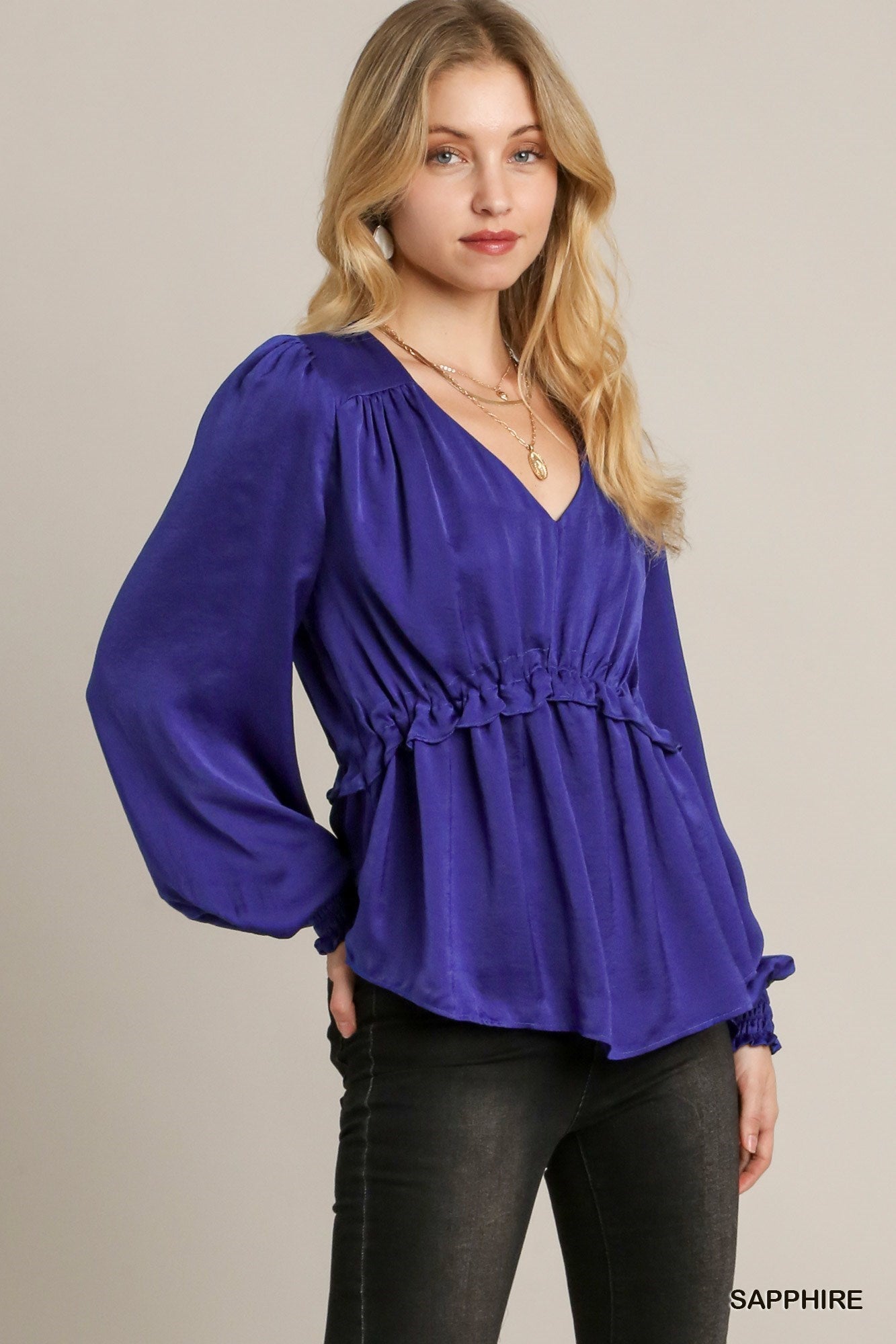 Satin V-neck Ruffle Baby Doll Top With Cuffed Long Sleeve - Exotic Bear Boutique