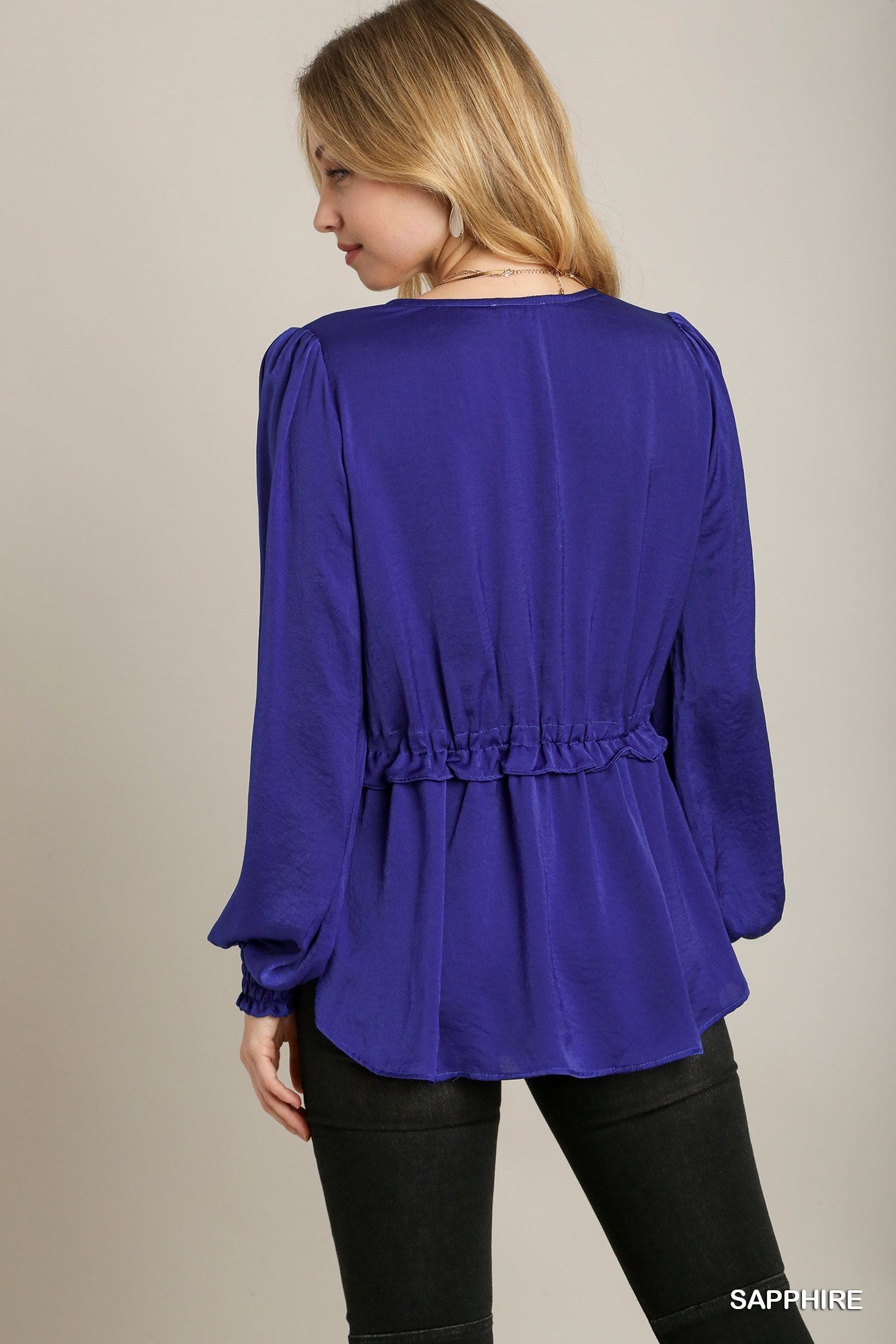 Satin V-neck Ruffle Baby Doll Top With Cuffed Long Sleeve - Exotic Bear Boutique