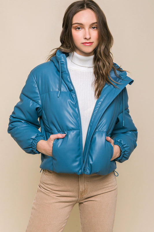 Pu Faux Leather Zipper Hooded Puffer Jacket - Exotic Bear Boutique