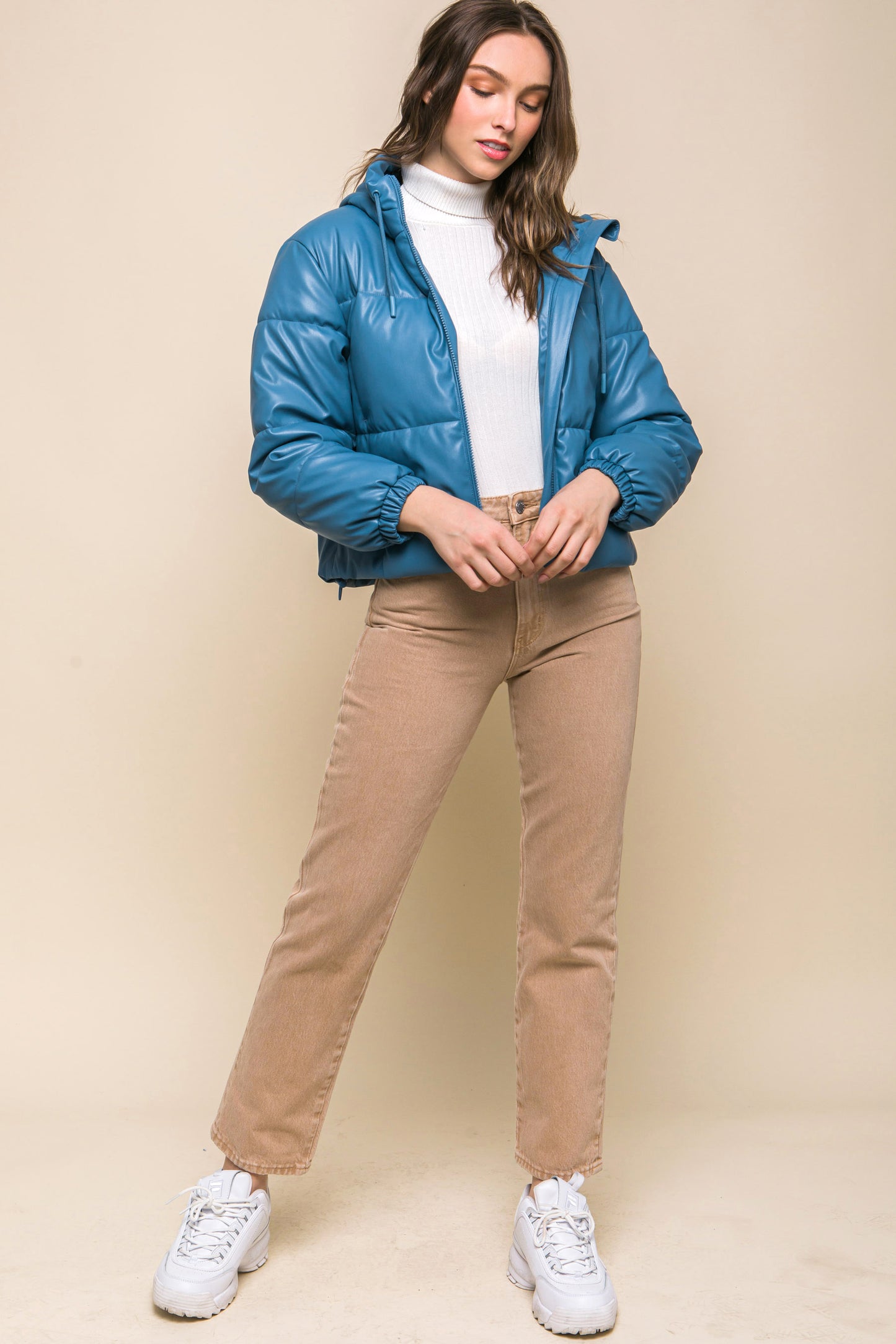Pu Faux Leather Zipper Hooded Puffer Jacket - Exotic Bear Boutique