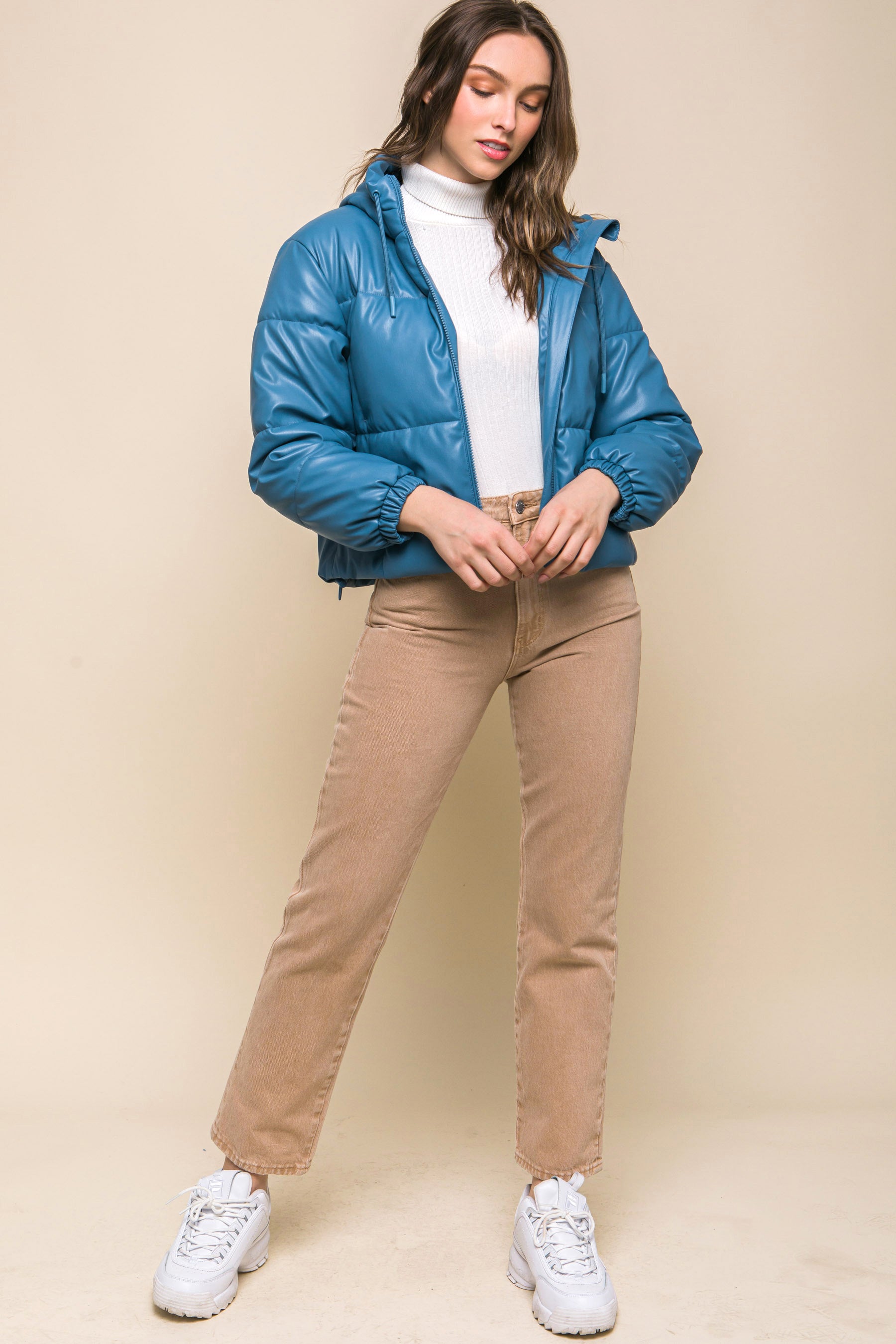 Pu Faux Leather Zipper Hooded Puffer Jacket - Exotic Bear Boutique