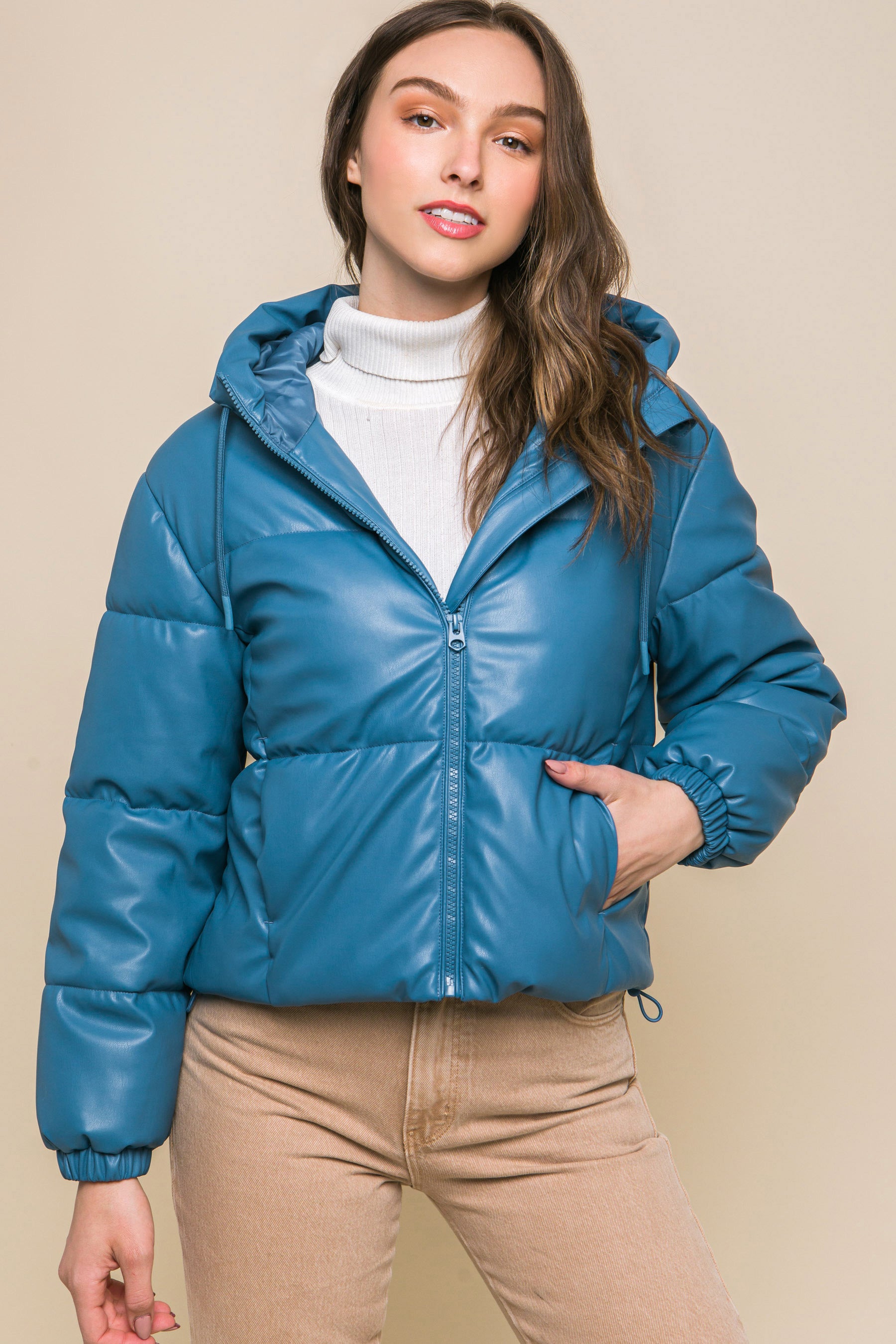 Pu Faux Leather Zipper Hooded Puffer Jacket - Exotic Bear Boutique