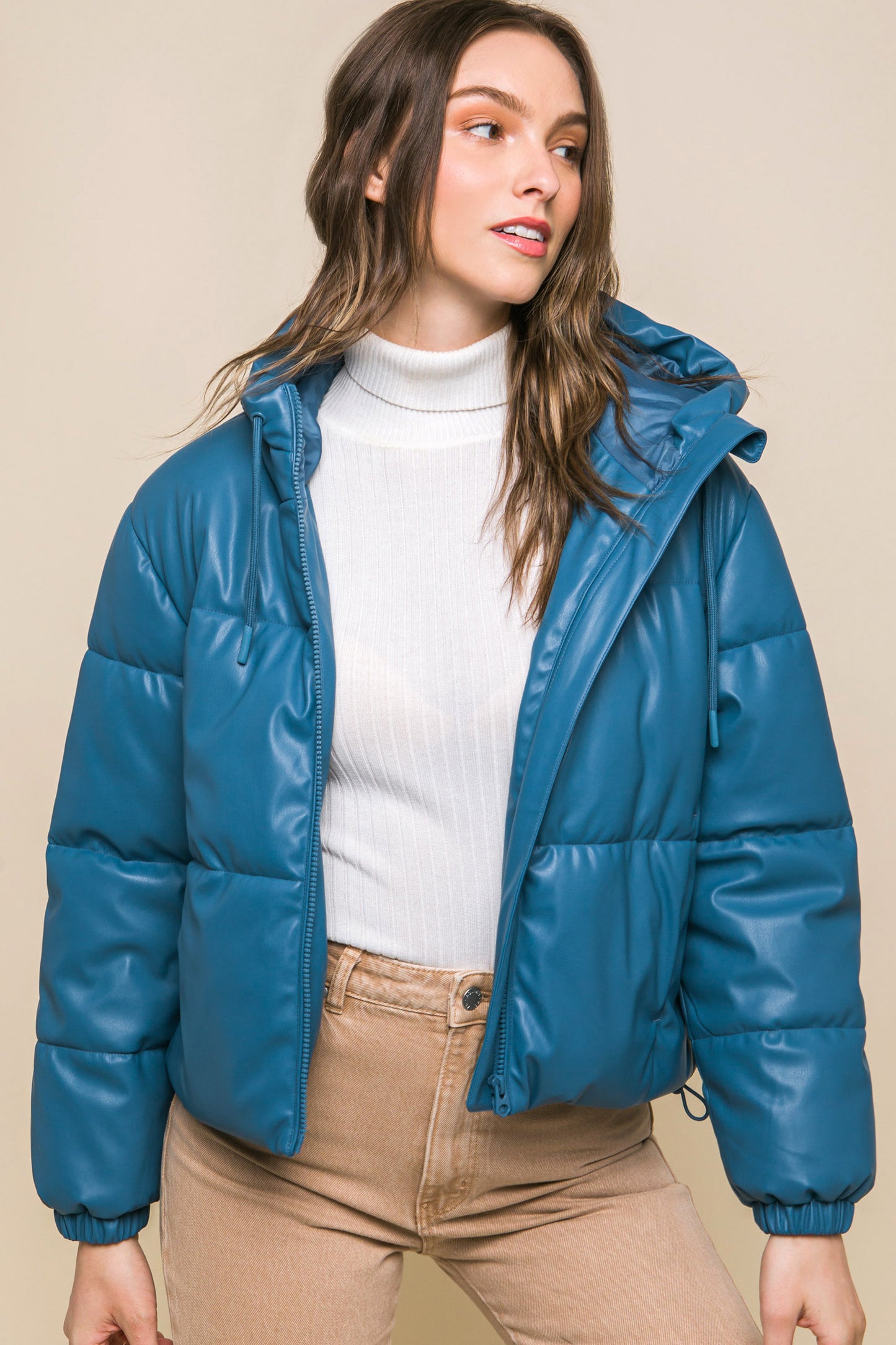 Pu Faux Leather Zipper Hooded Puffer Jacket - Exotic Bear Boutique