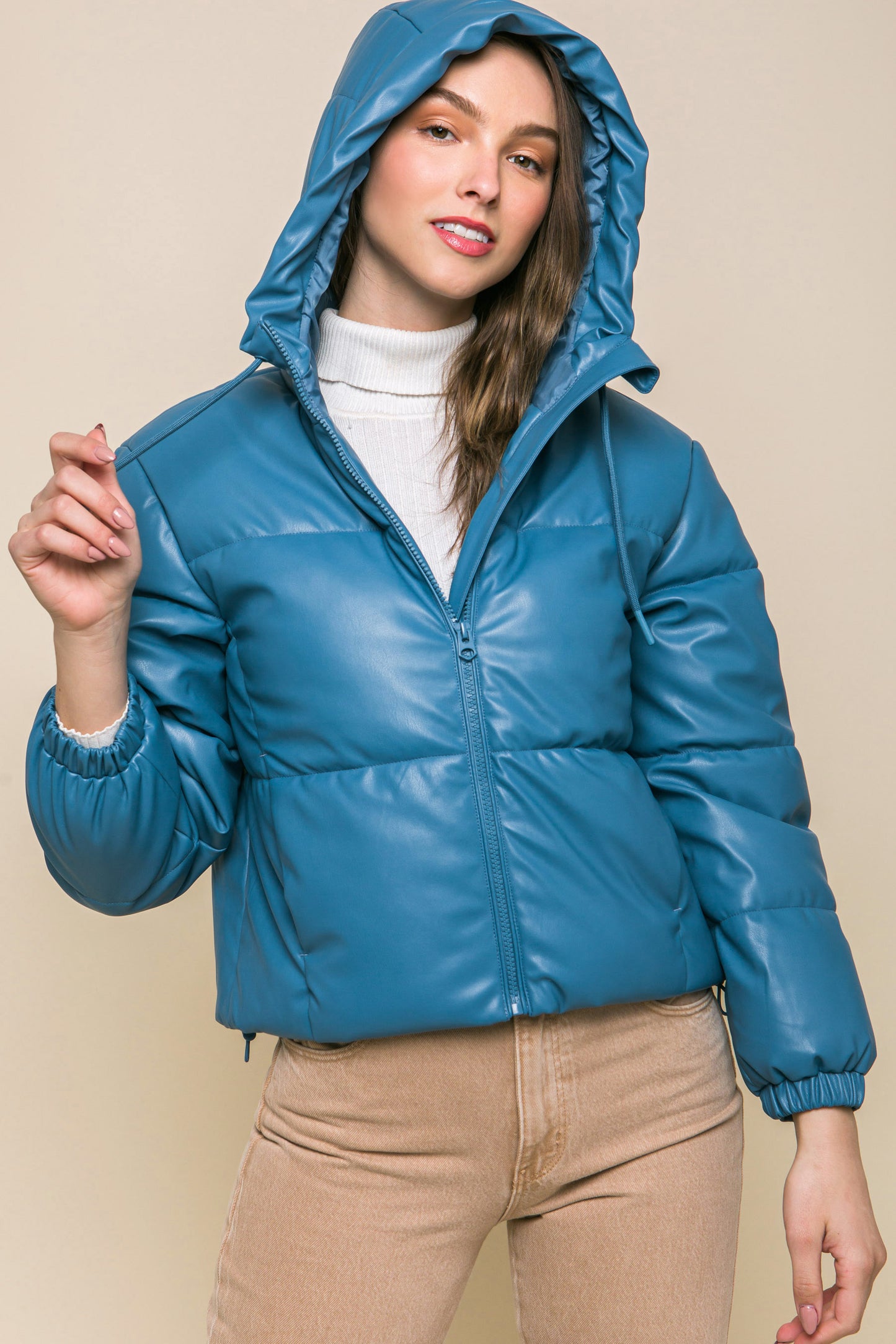 Pu Faux Leather Zipper Hooded Puffer Jacket - Exotic Bear Boutique