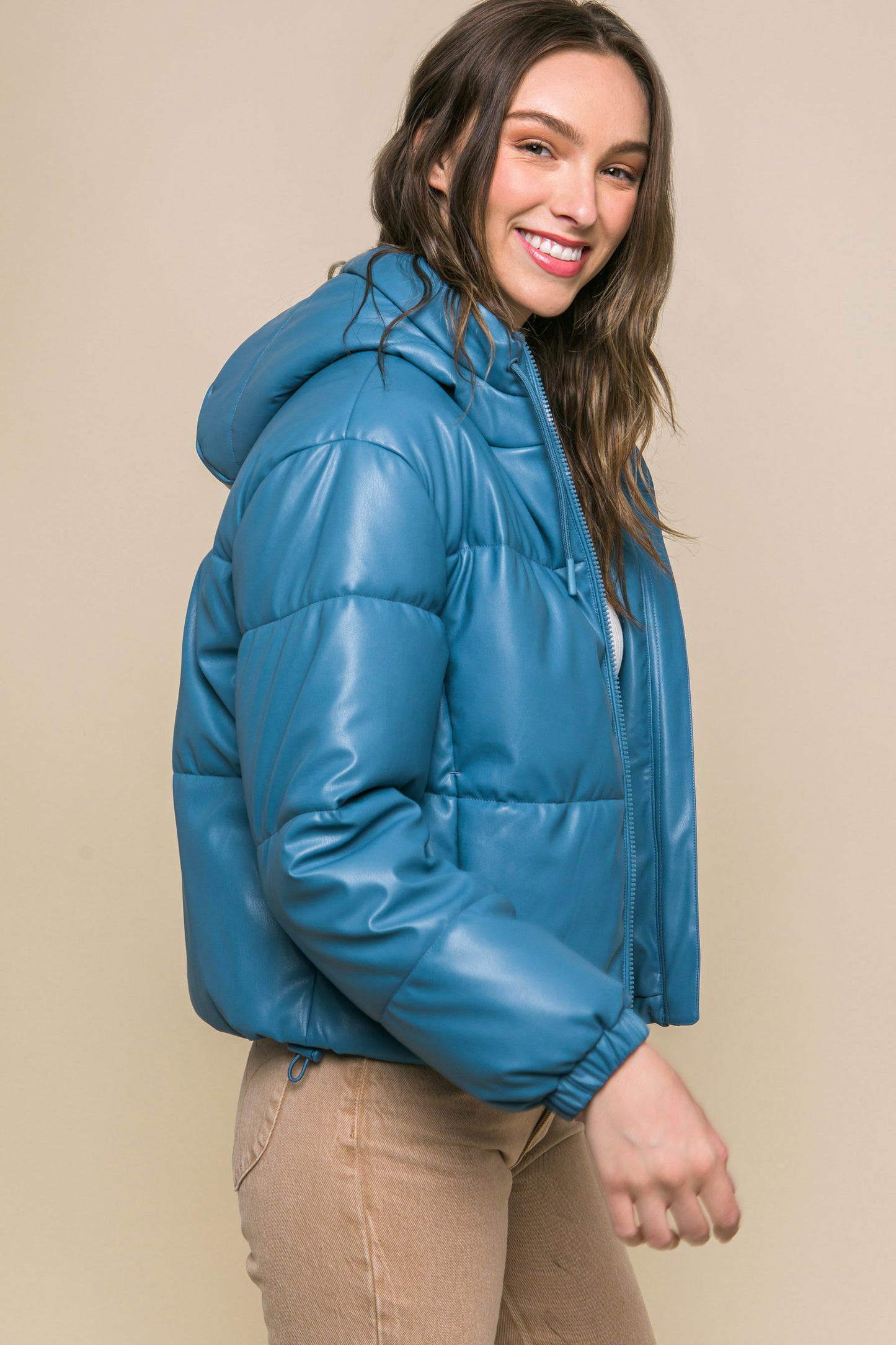 Pu Faux Leather Zipper Hooded Puffer Jacket - Exotic Bear Boutique