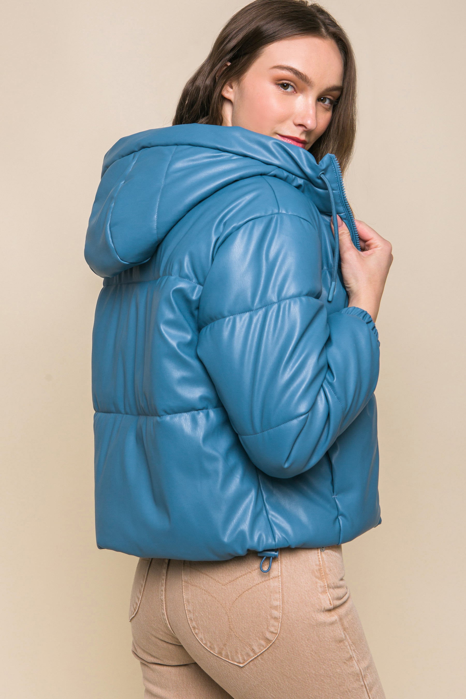 Pu Faux Leather Zipper Hooded Puffer Jacket - Exotic Bear Boutique