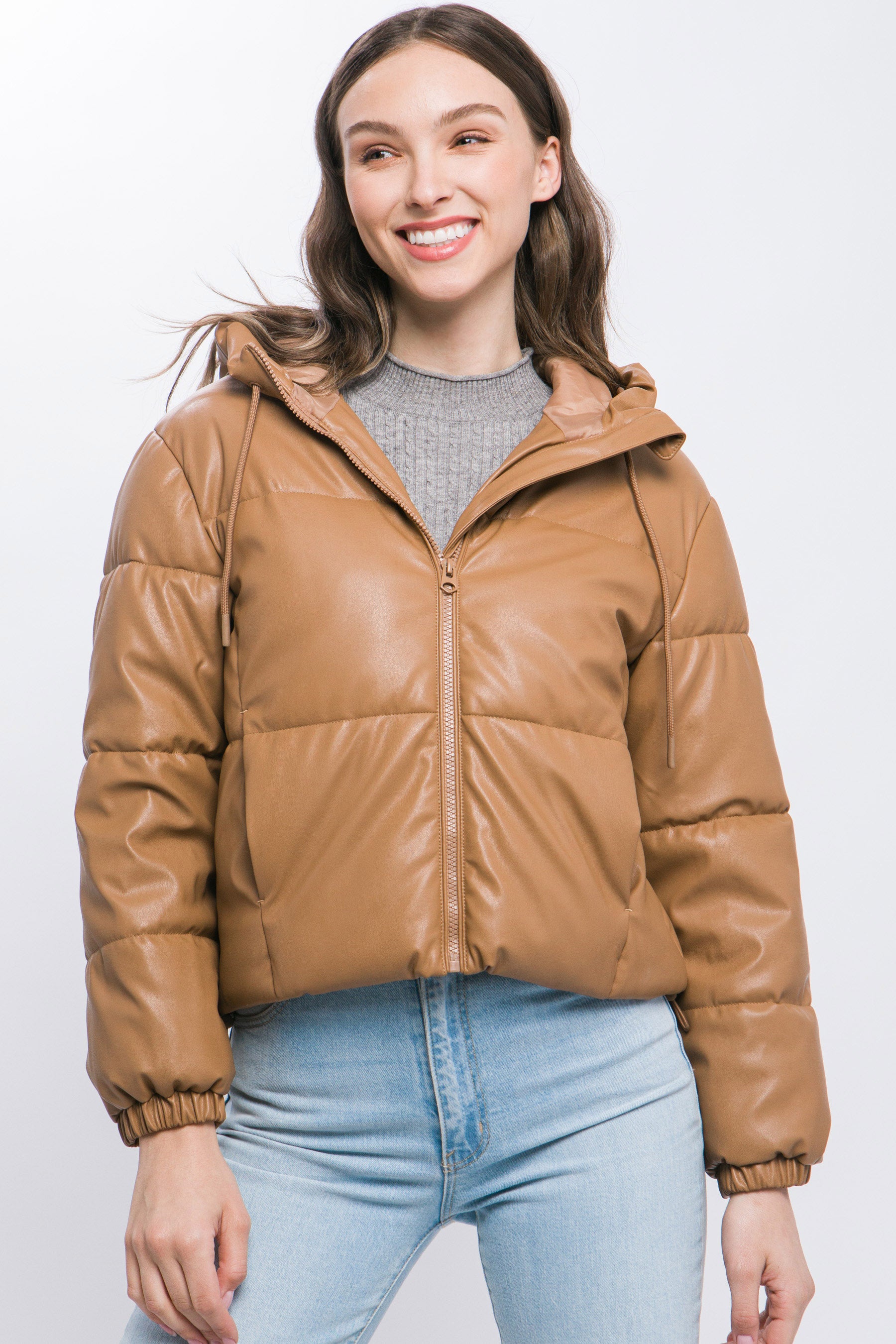 Pu Faux Leather Zipper Hooded Puffer Jacket - Exotic Bear Boutique