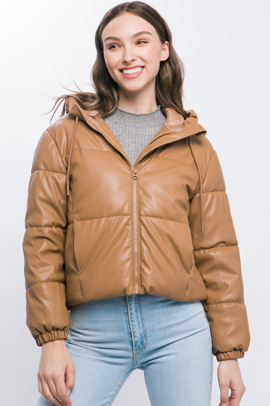 Pu Faux Leather Zipper Hooded Puffer Jacket - Exotic Bear Boutique