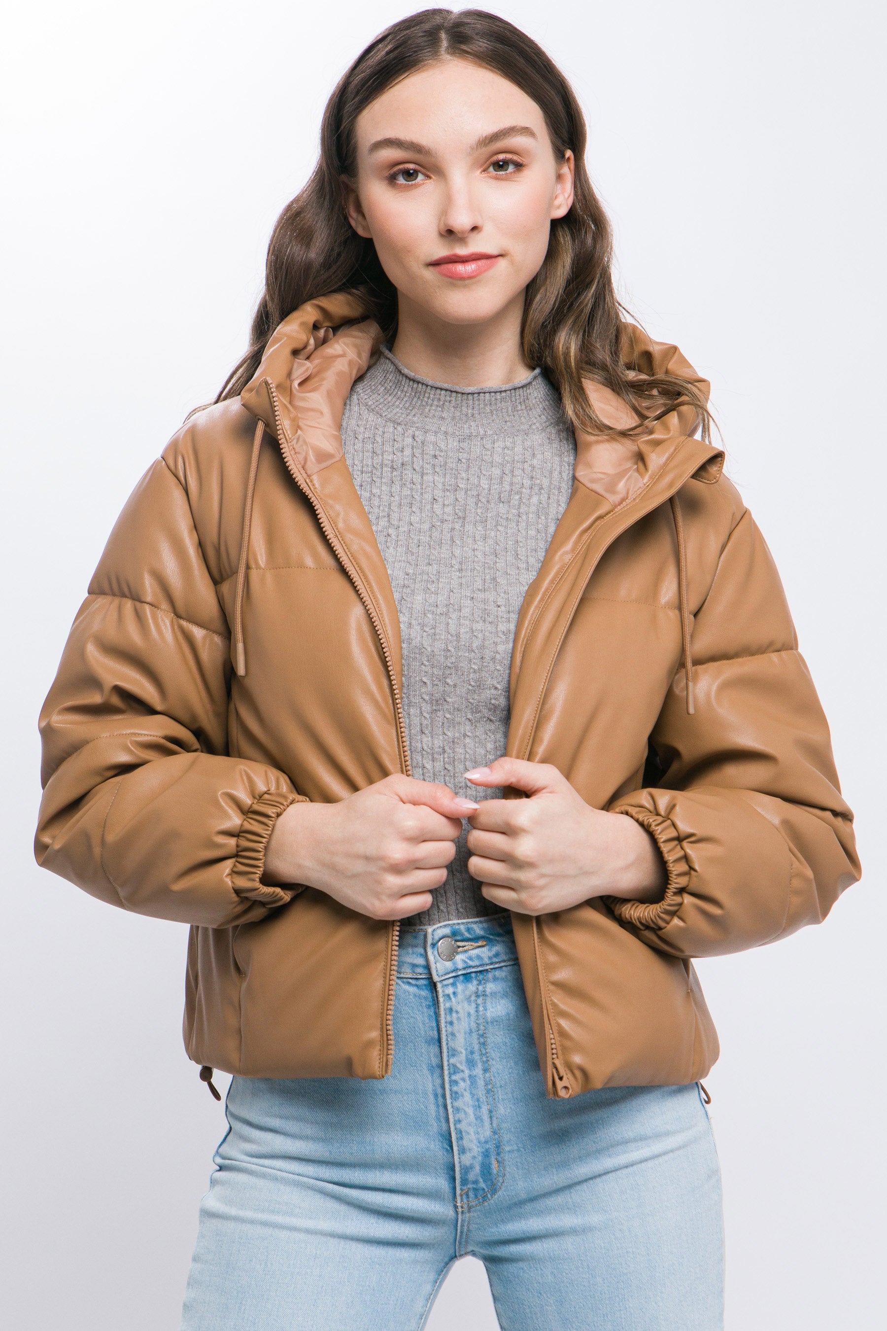 Pu Faux Leather Zipper Hooded Puffer Jacket - Exotic Bear Boutique