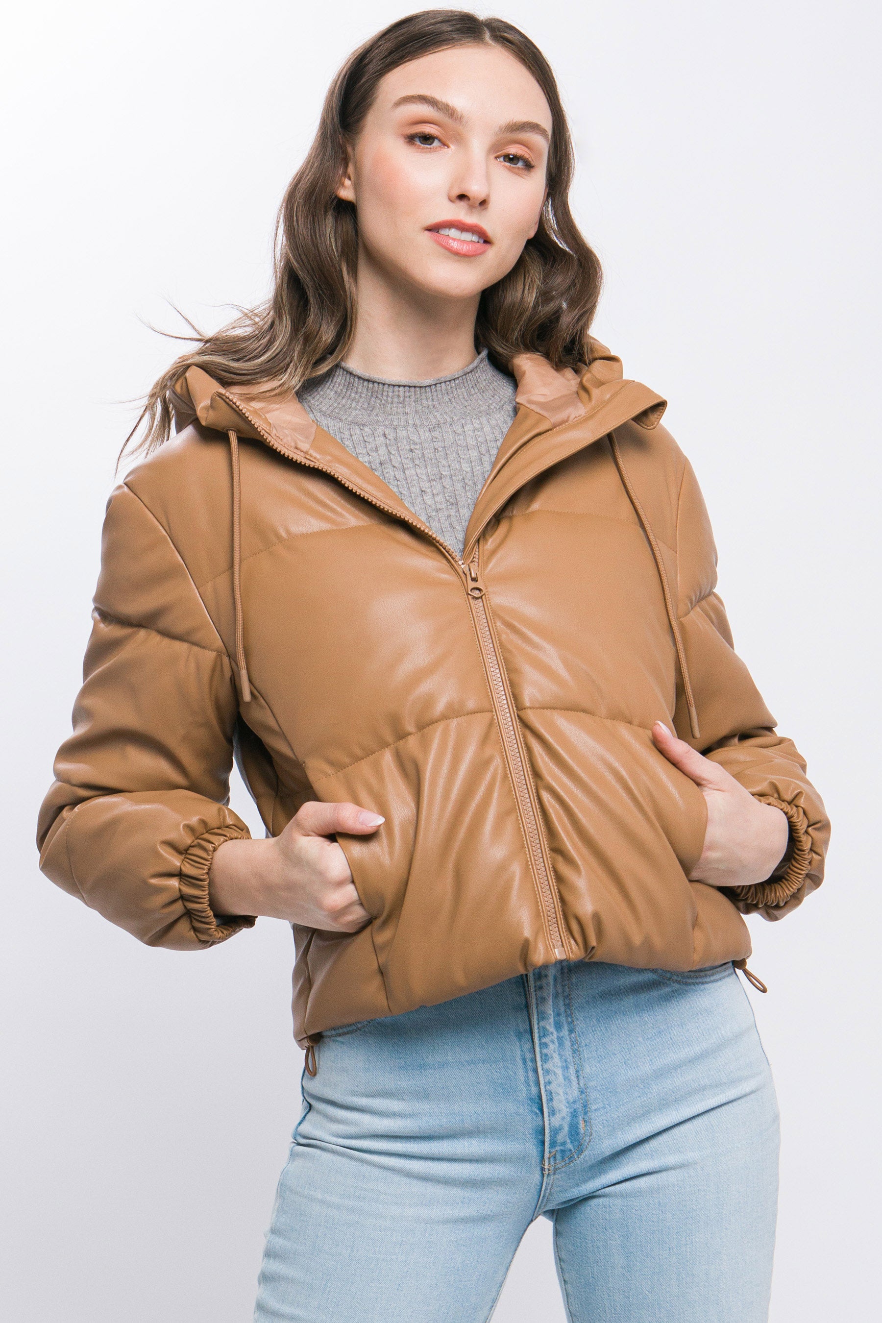 Pu Faux Leather Zipper Hooded Puffer Jacket - Exotic Bear Boutique