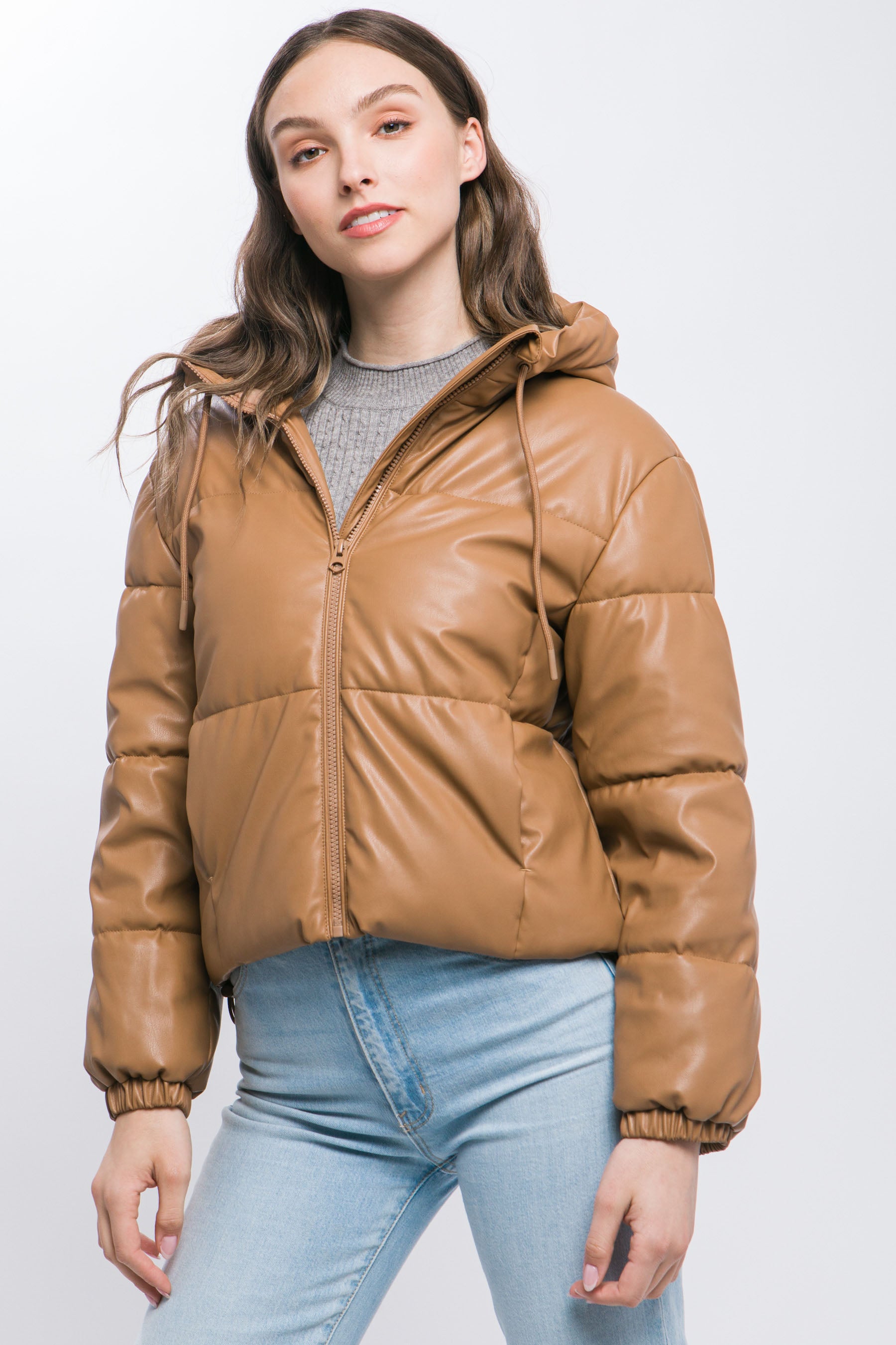 Pu Faux Leather Zipper Hooded Puffer Jacket - Exotic Bear Boutique