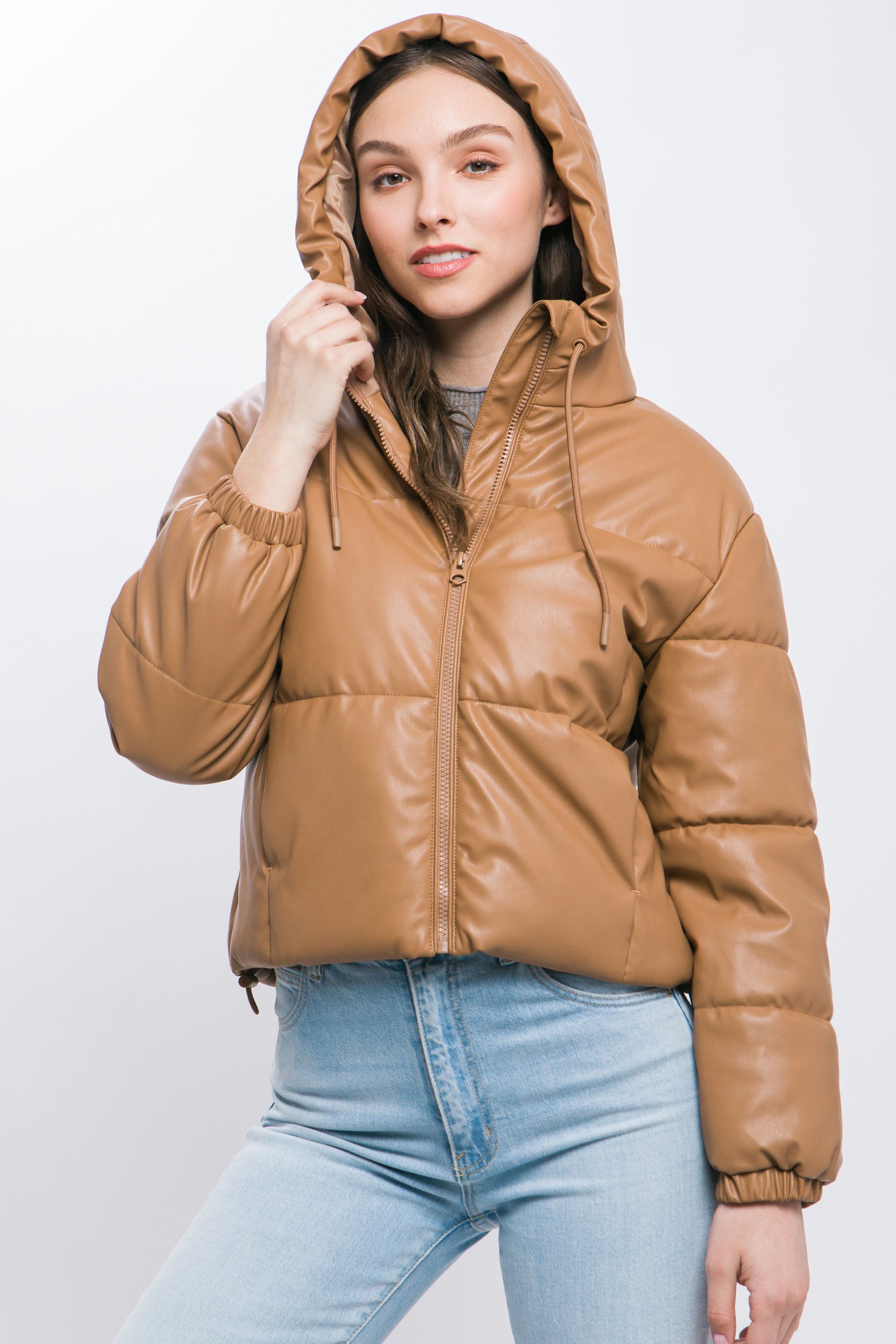 Pu Faux Leather Zipper Hooded Puffer Jacket - Exotic Bear Boutique