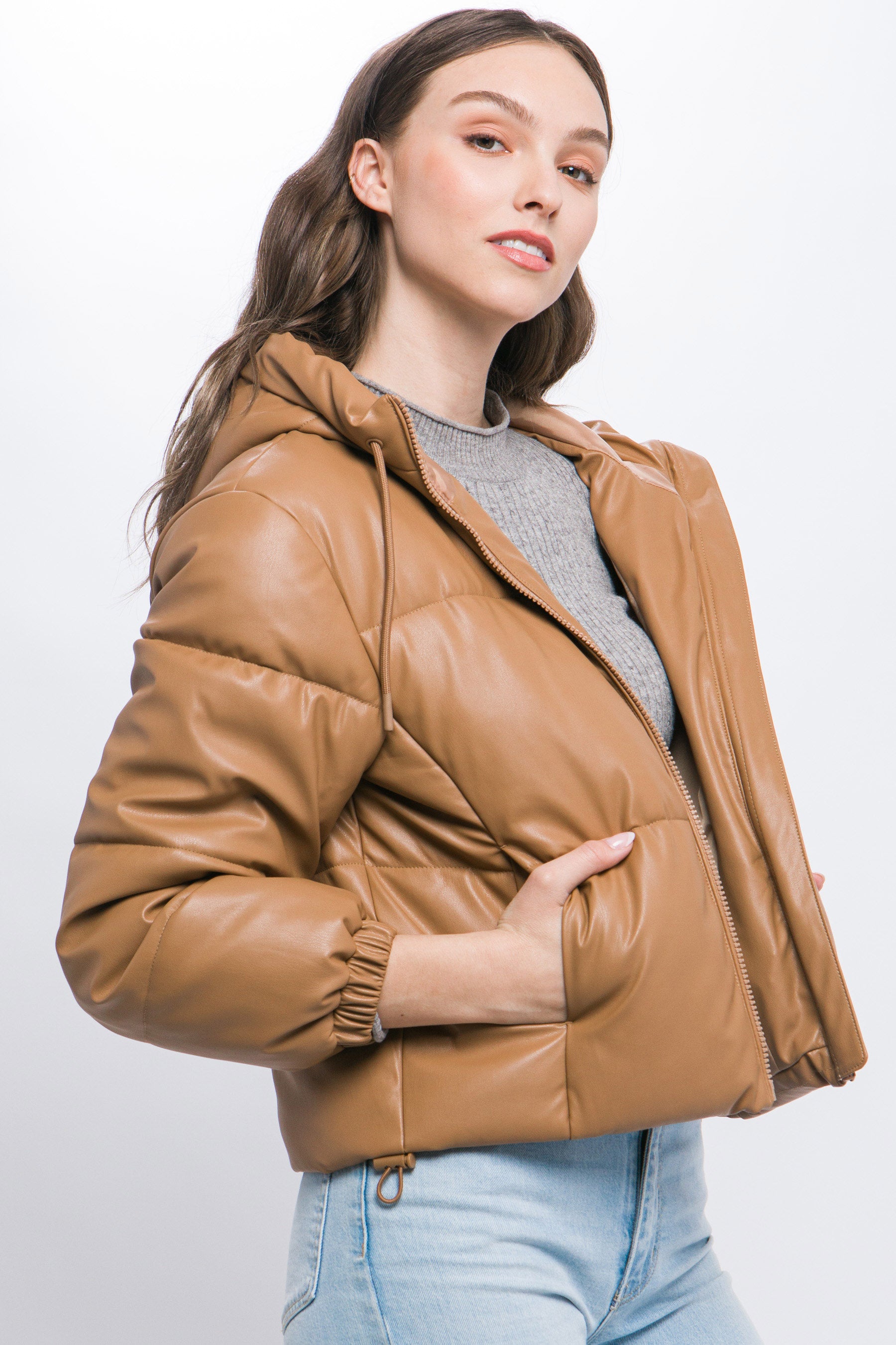 Pu Faux Leather Zipper Hooded Puffer Jacket - Exotic Bear Boutique