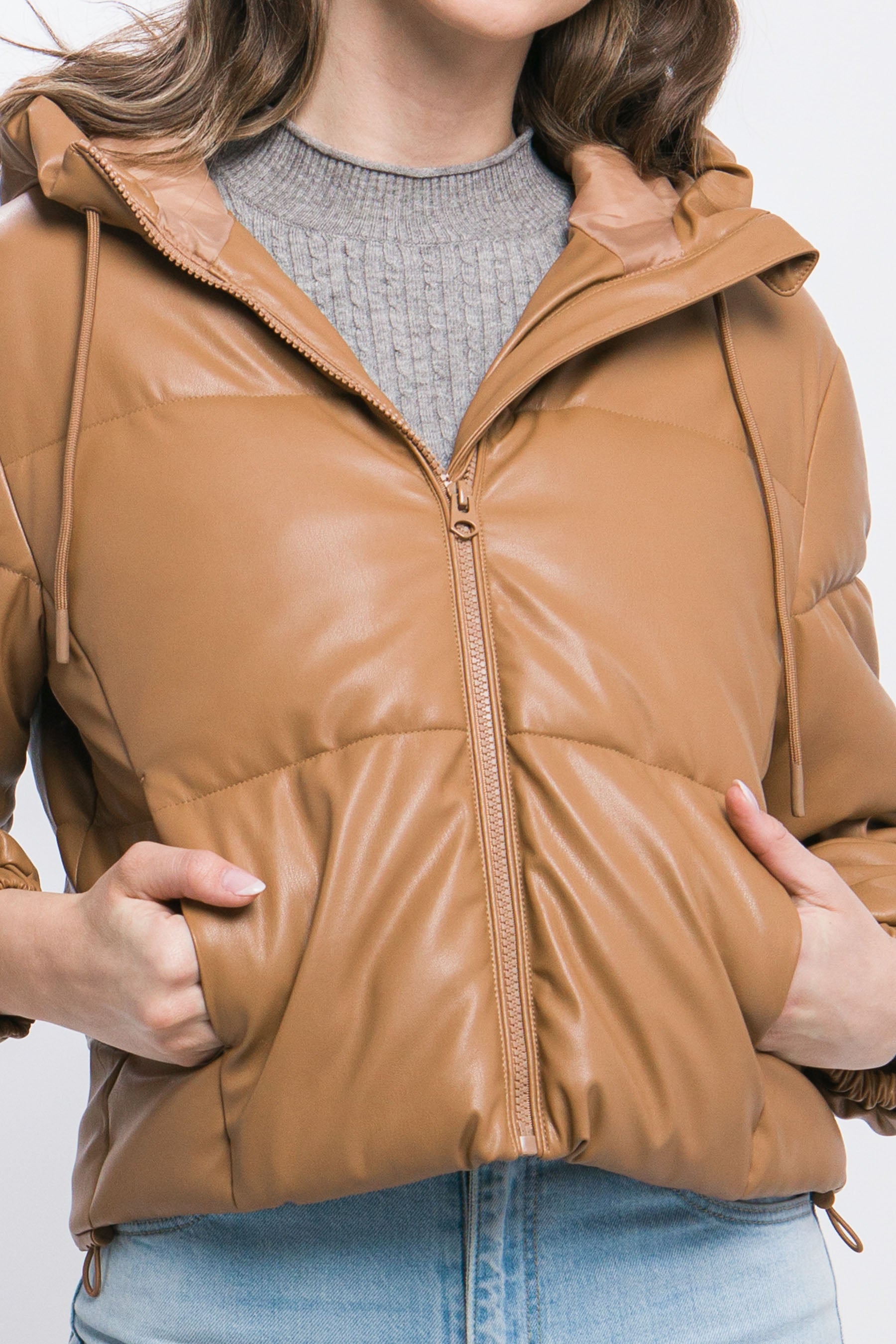 Pu Faux Leather Zipper Hooded Puffer Jacket - Exotic Bear Boutique
