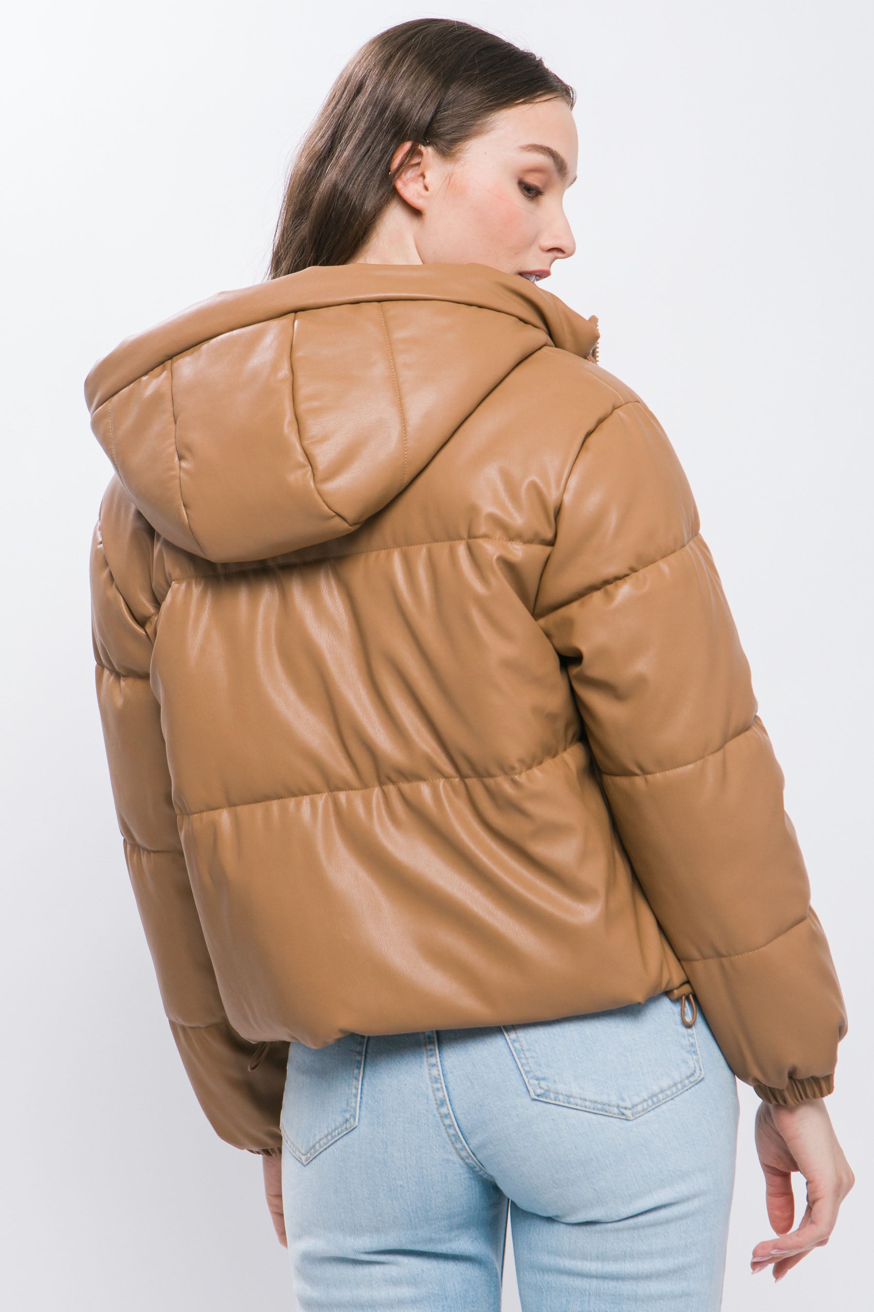 Pu Faux Leather Zipper Hooded Puffer Jacket - Exotic Bear Boutique
