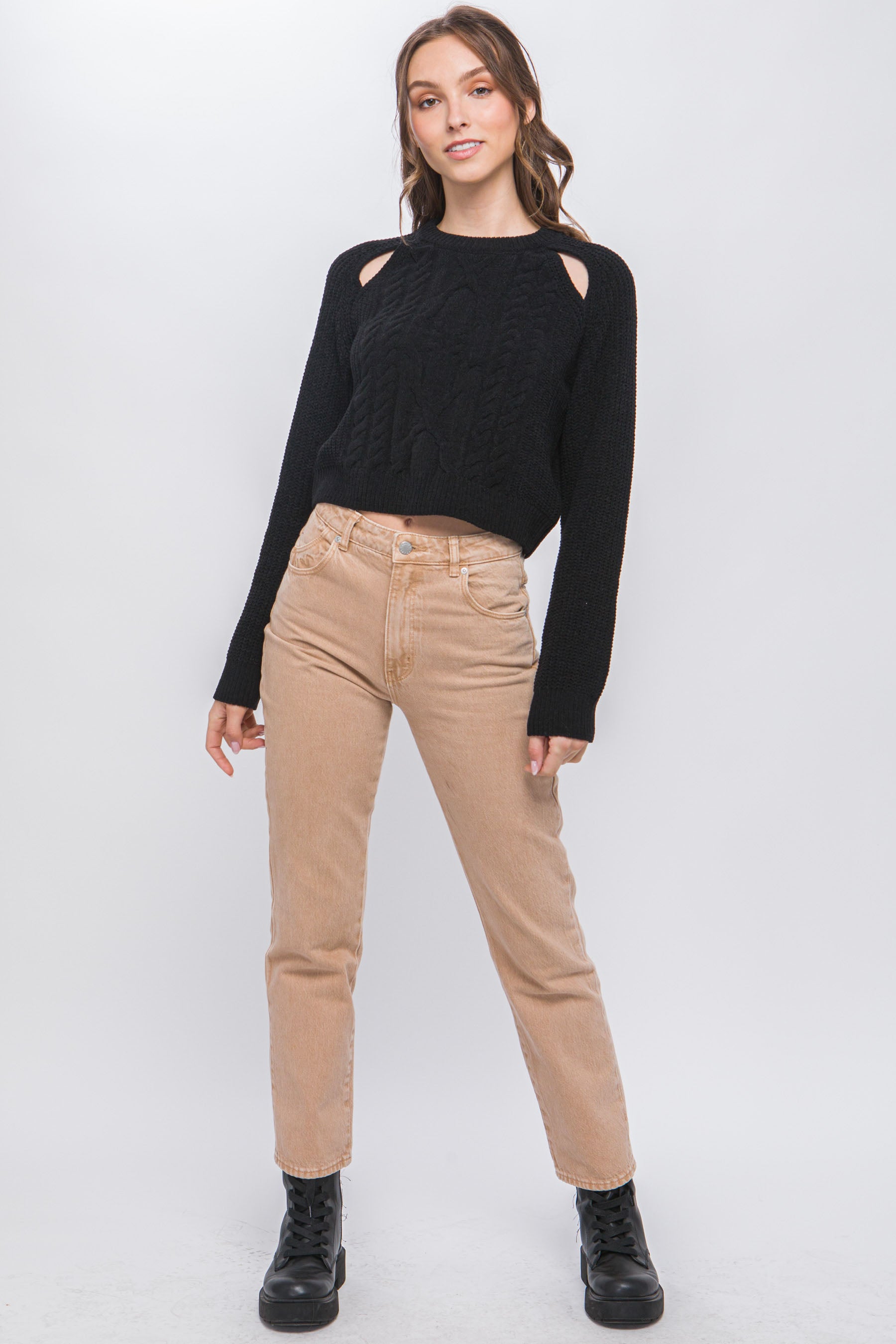 Knit Pullover Sweater With Cold Shoulder Detail - Exotic Bear Boutique