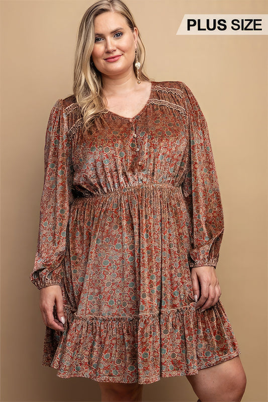 Printed Velvet V-neck Dress With Button Front Detail - Exotic Bear Boutique