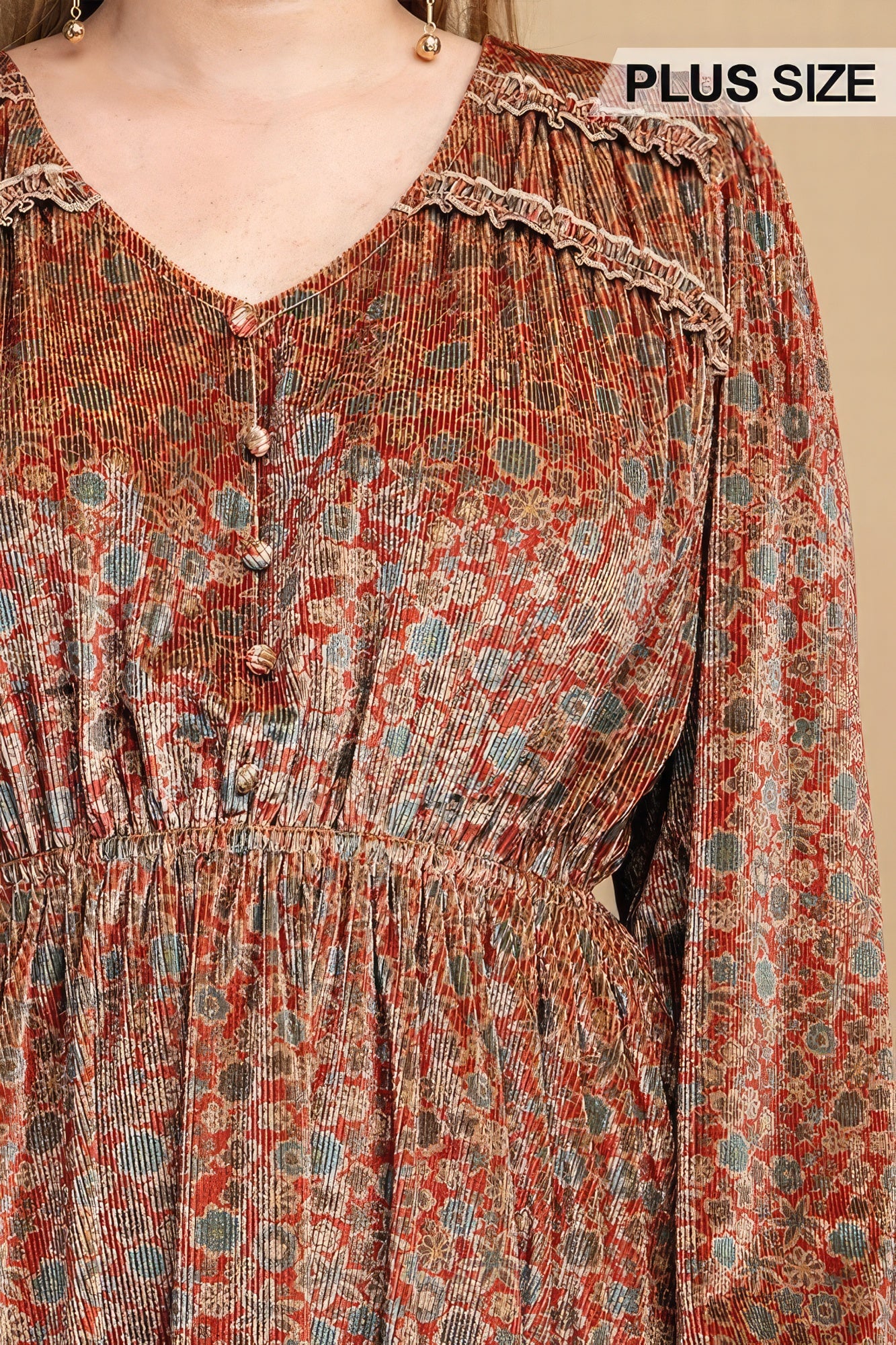 Printed Velvet V-neck Dress With Button Front Detail - Exotic Bear Boutique