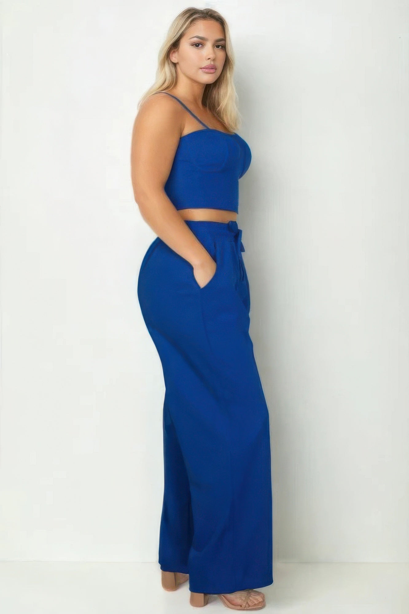 Plus Bustier Crop Cami Top & Slant Pocket Straight Pants - Exotic Bear Boutique