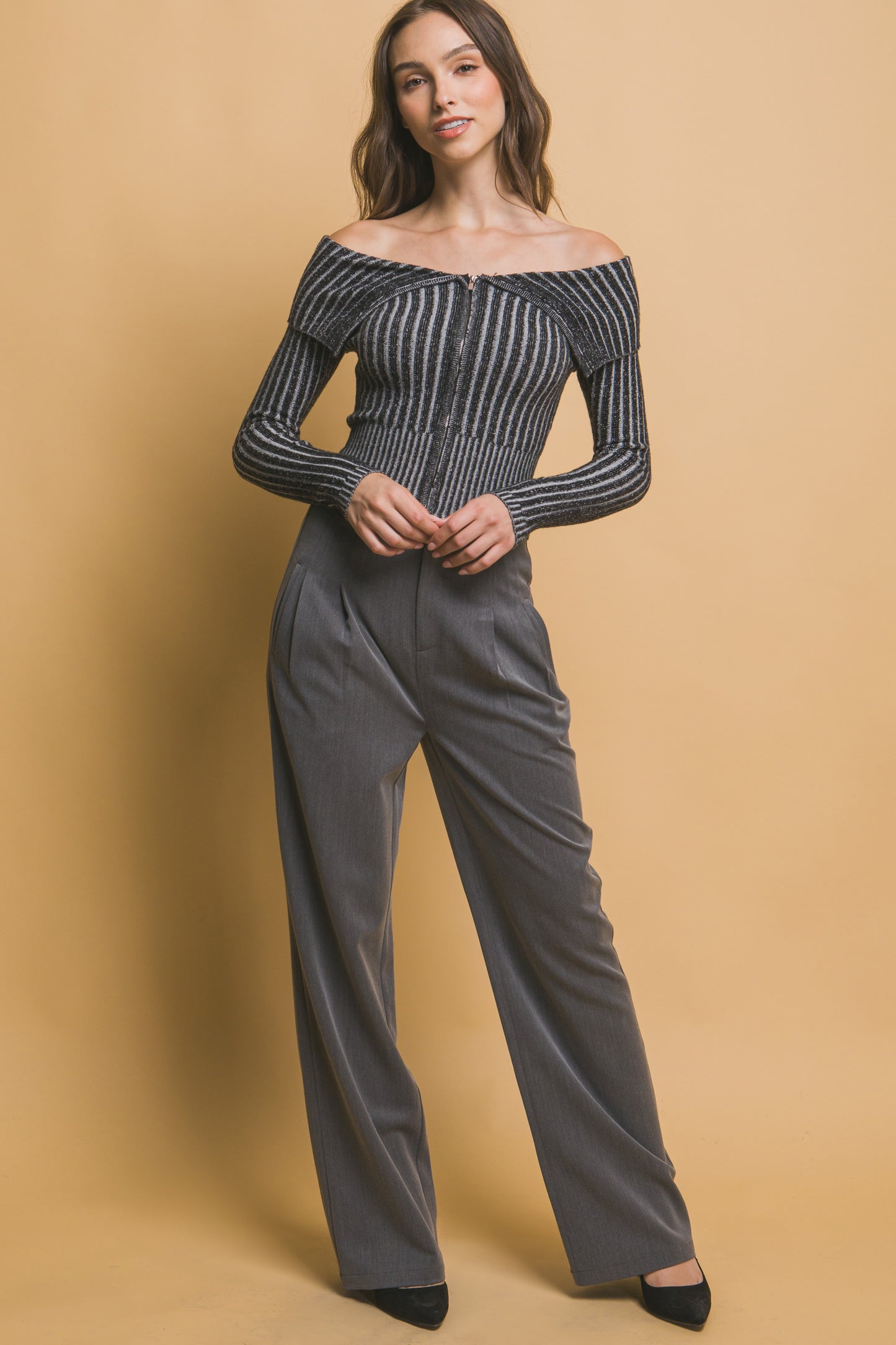 Ribbed bardot zip up long sleeve - Exotic Bear Boutique