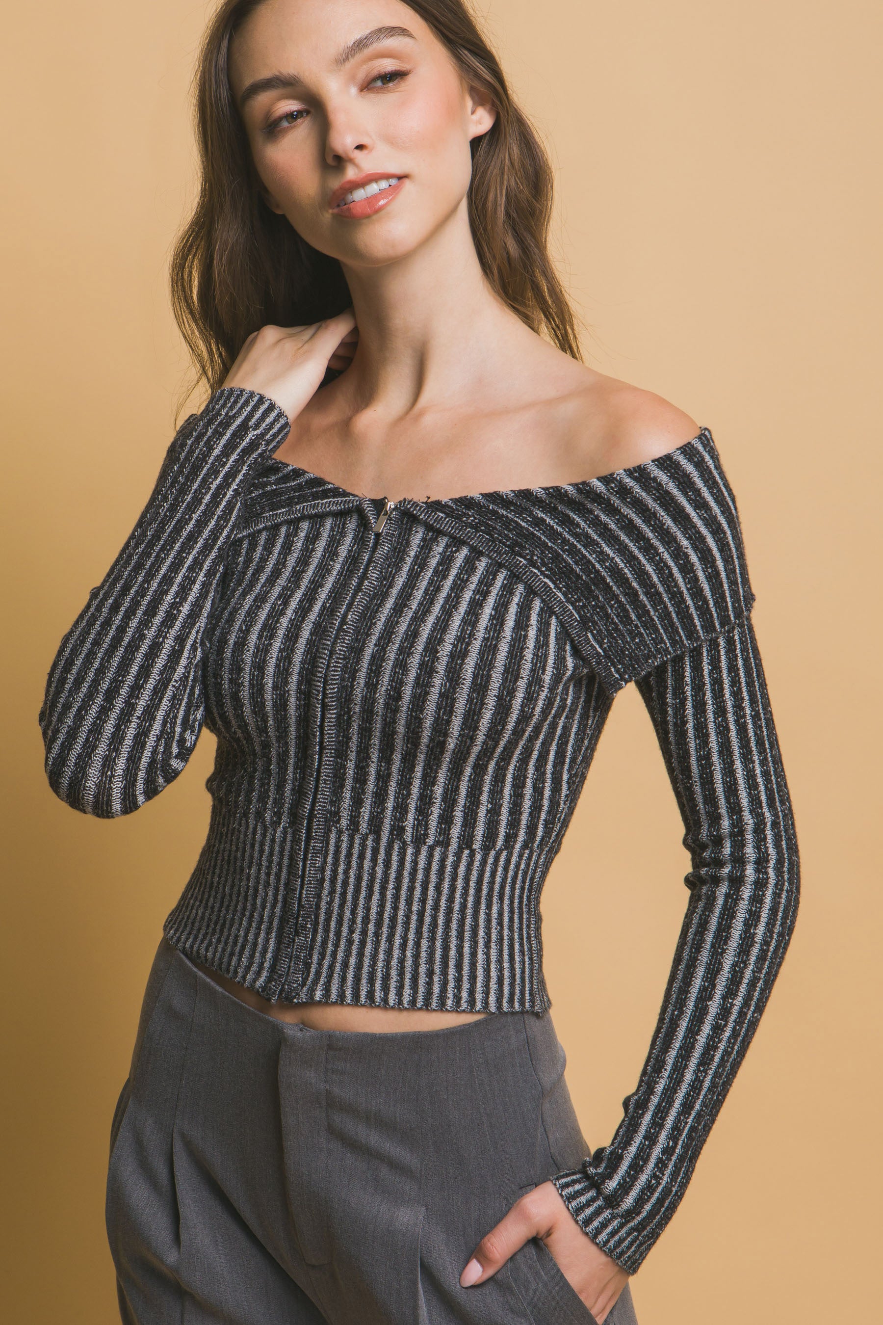 Ribbed bardot zip up long sleeve - Exotic Bear Boutique