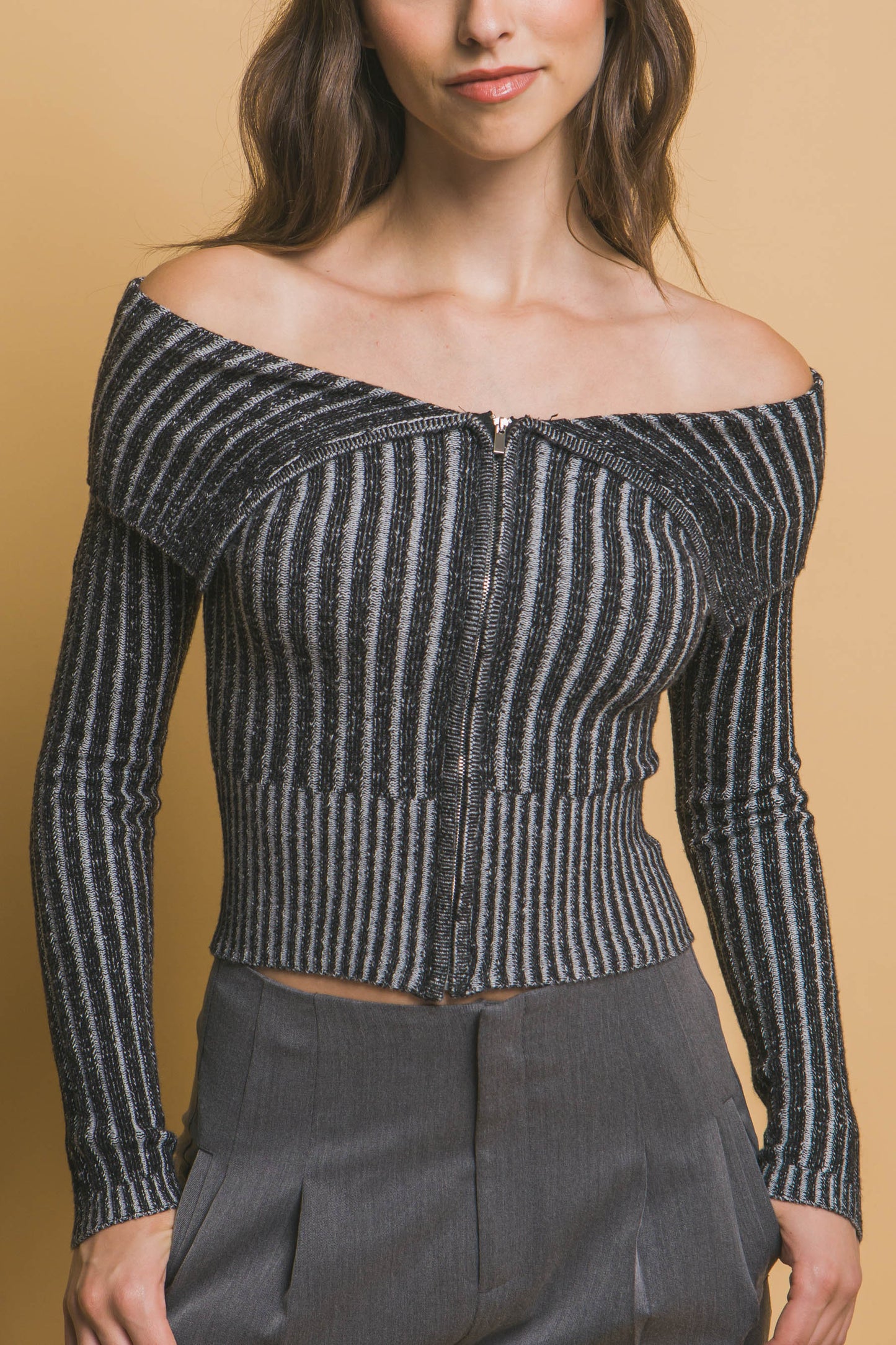Ribbed bardot zip up long sleeve - Exotic Bear Boutique