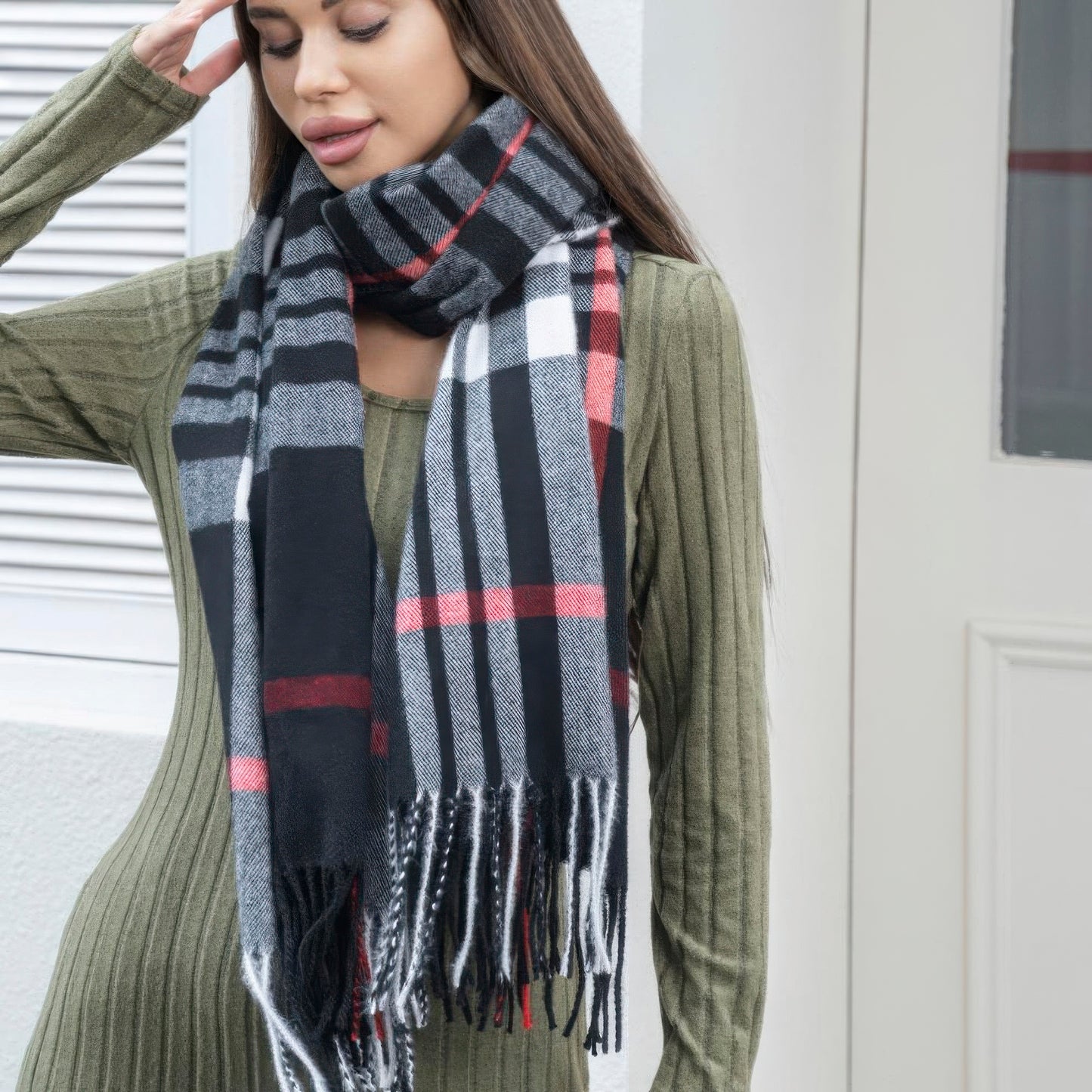 Plaid blanket scarf with tassel - Exotic Bear Boutique