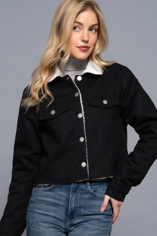 Button Closure Sherpa-lined Twill Jacket - Exotic Bear Boutique