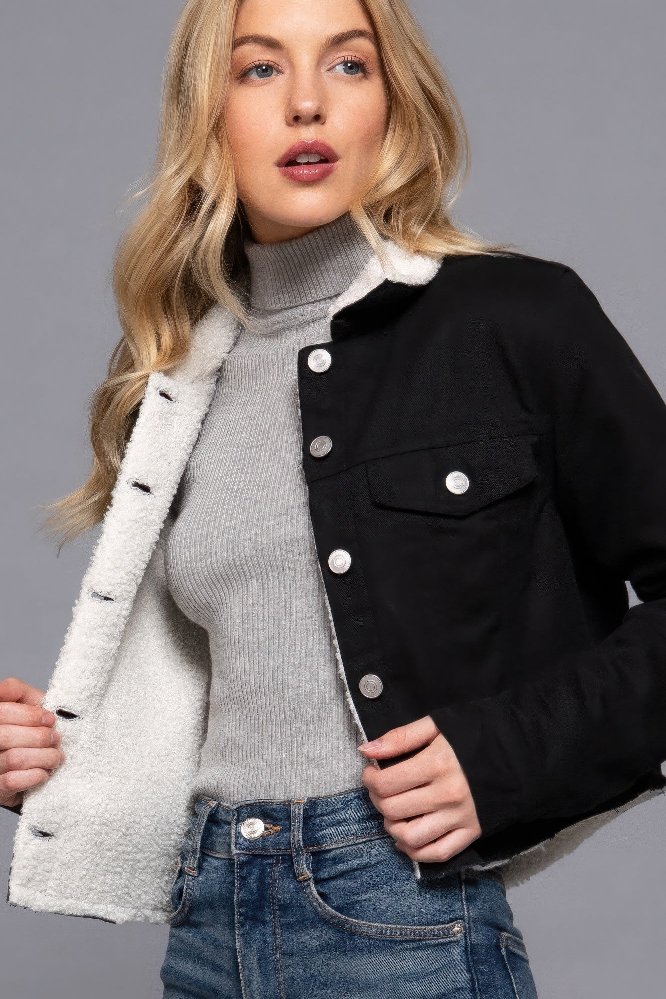 Button Closure Sherpa-lined Twill Jacket - Exotic Bear Boutique