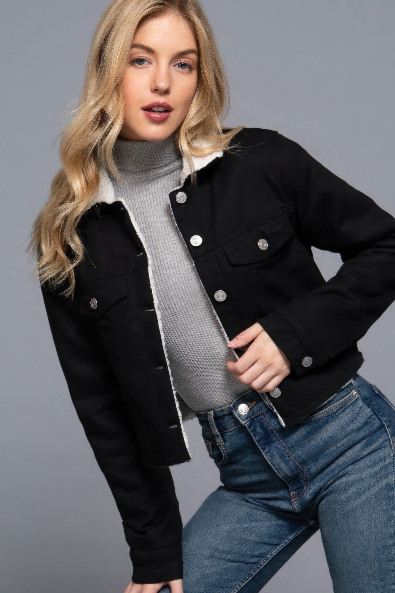 Button Closure Sherpa-lined Twill Jacket - Exotic Bear Boutique