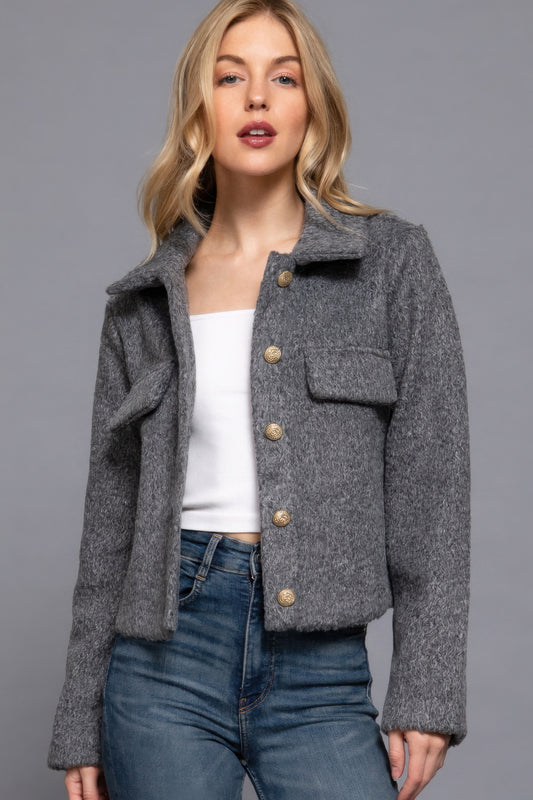 Long Slv Teddy Fleece Short Jacket - Exotic Bear Boutique