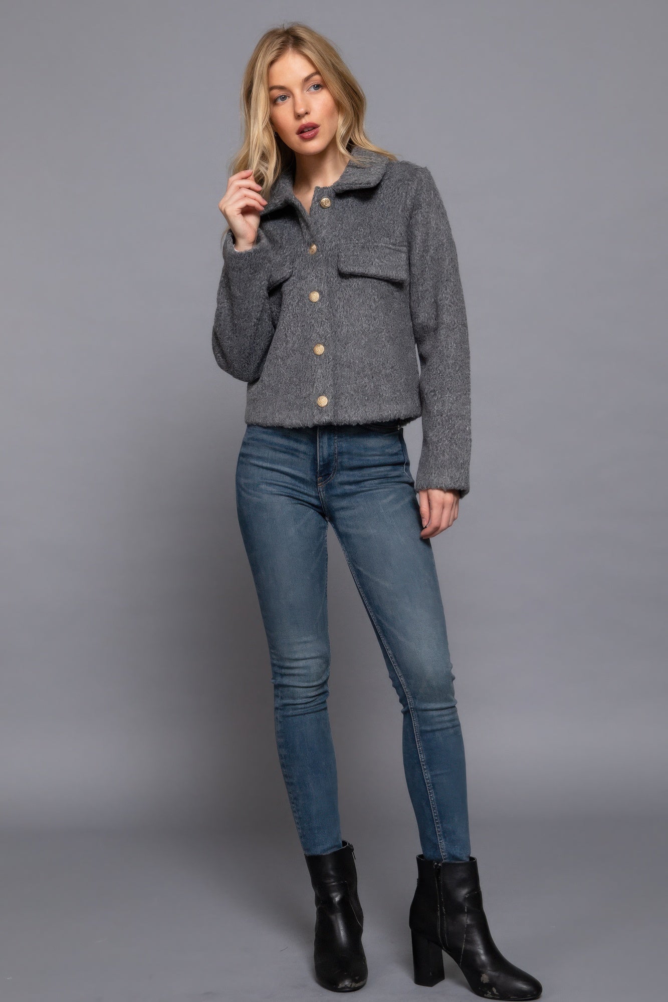 Long Slv Teddy Fleece Short Jacket - Exotic Bear Boutique