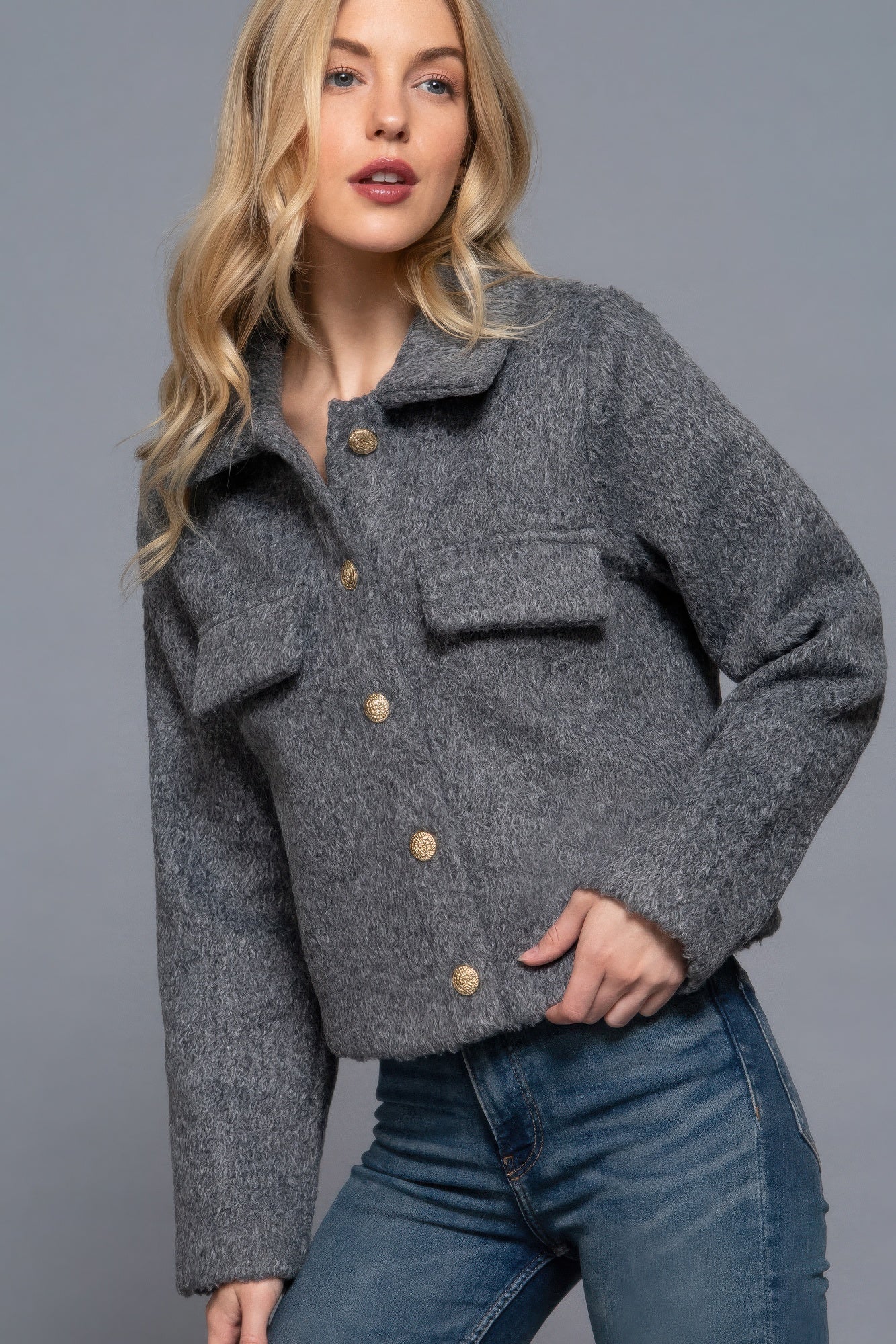 Long Slv Teddy Fleece Short Jacket - Exotic Bear Boutique