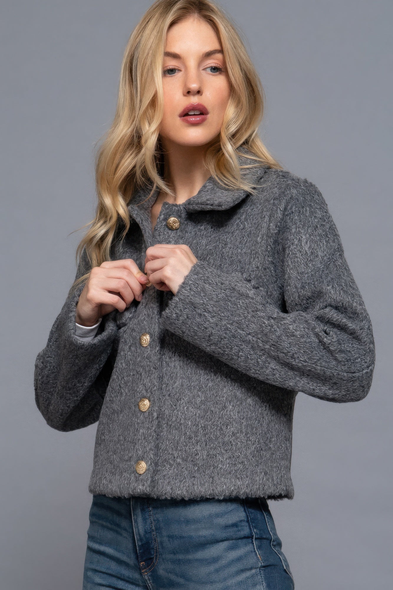 Long Slv Teddy Fleece Short Jacket - Exotic Bear Boutique