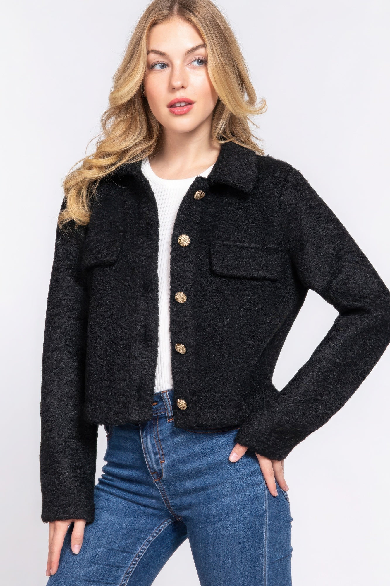 Long Slv Teddy Fleece Short Jacket - Exotic Bear Boutique