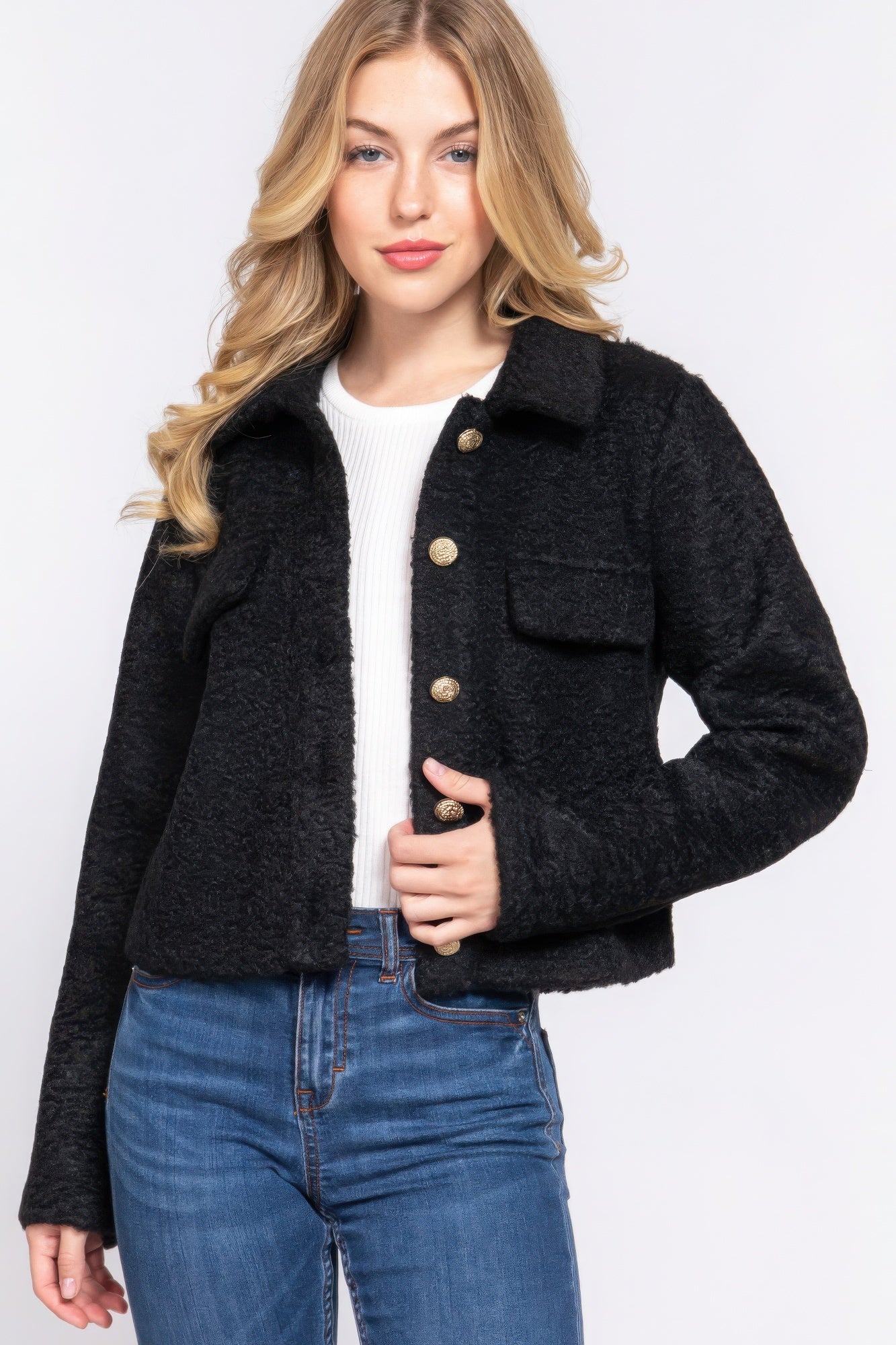 Long Slv Teddy Fleece Short Jacket - Exotic Bear Boutique